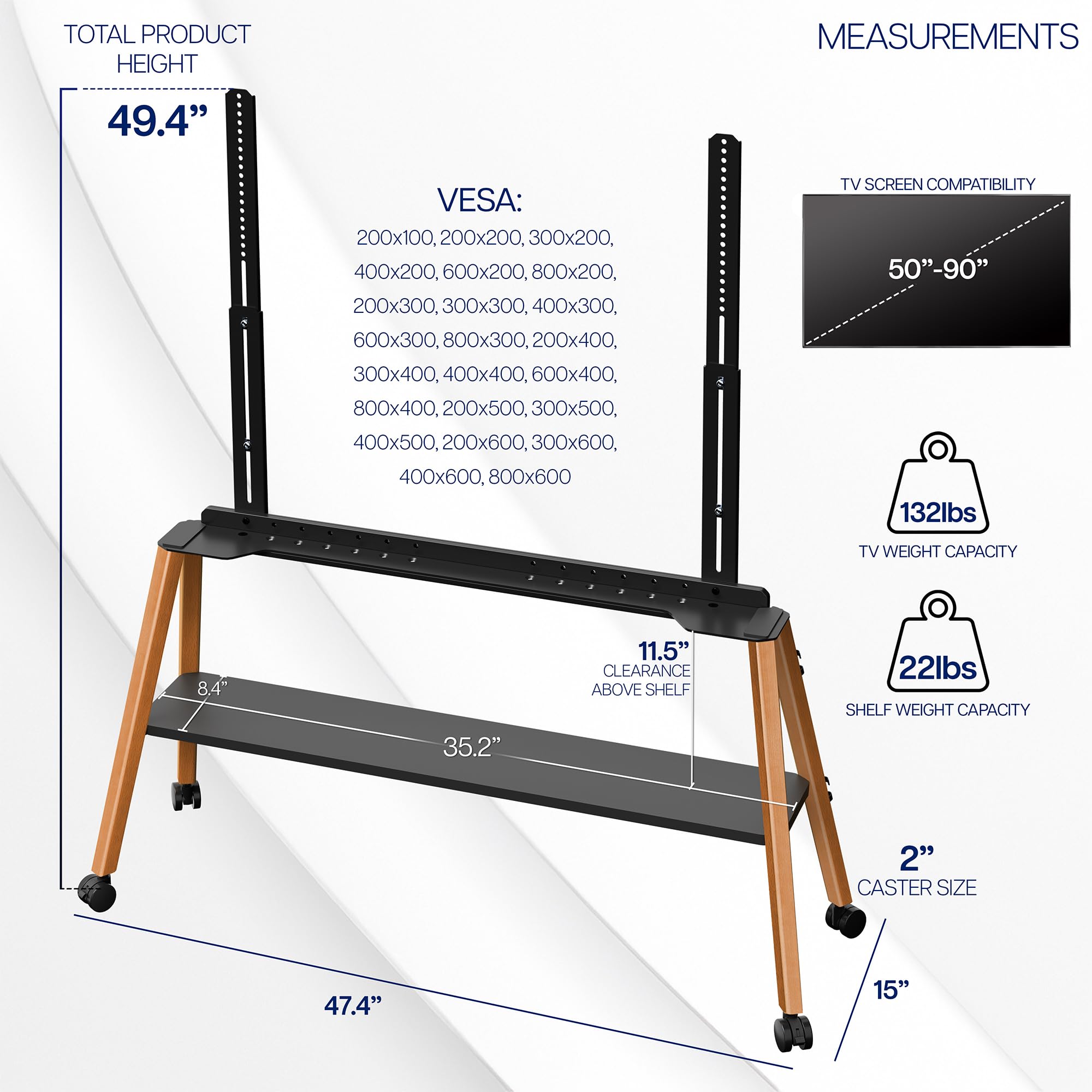 Mobile Easel TV Stand with Shelf for 50” to 90” TVs with measurements and compatibility details on a white background