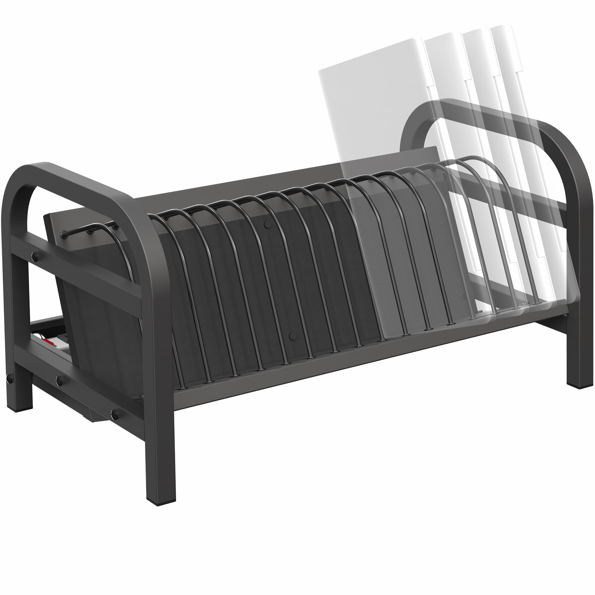 Black metal charging rack on a white background.