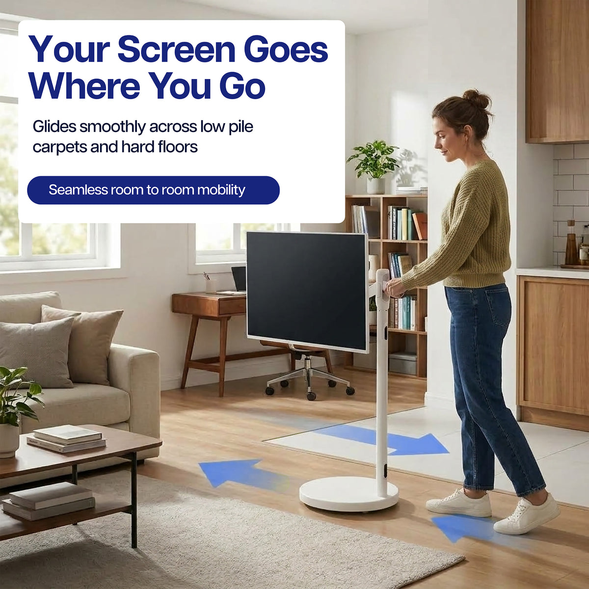 A woman in a living room uses a white TV stand to slide a flat-screen monitor into a new room. The scene includes text overlays explaining the product's seamless room-to-room mobility, with blue arrows indicating gliding direction on a wood floor.