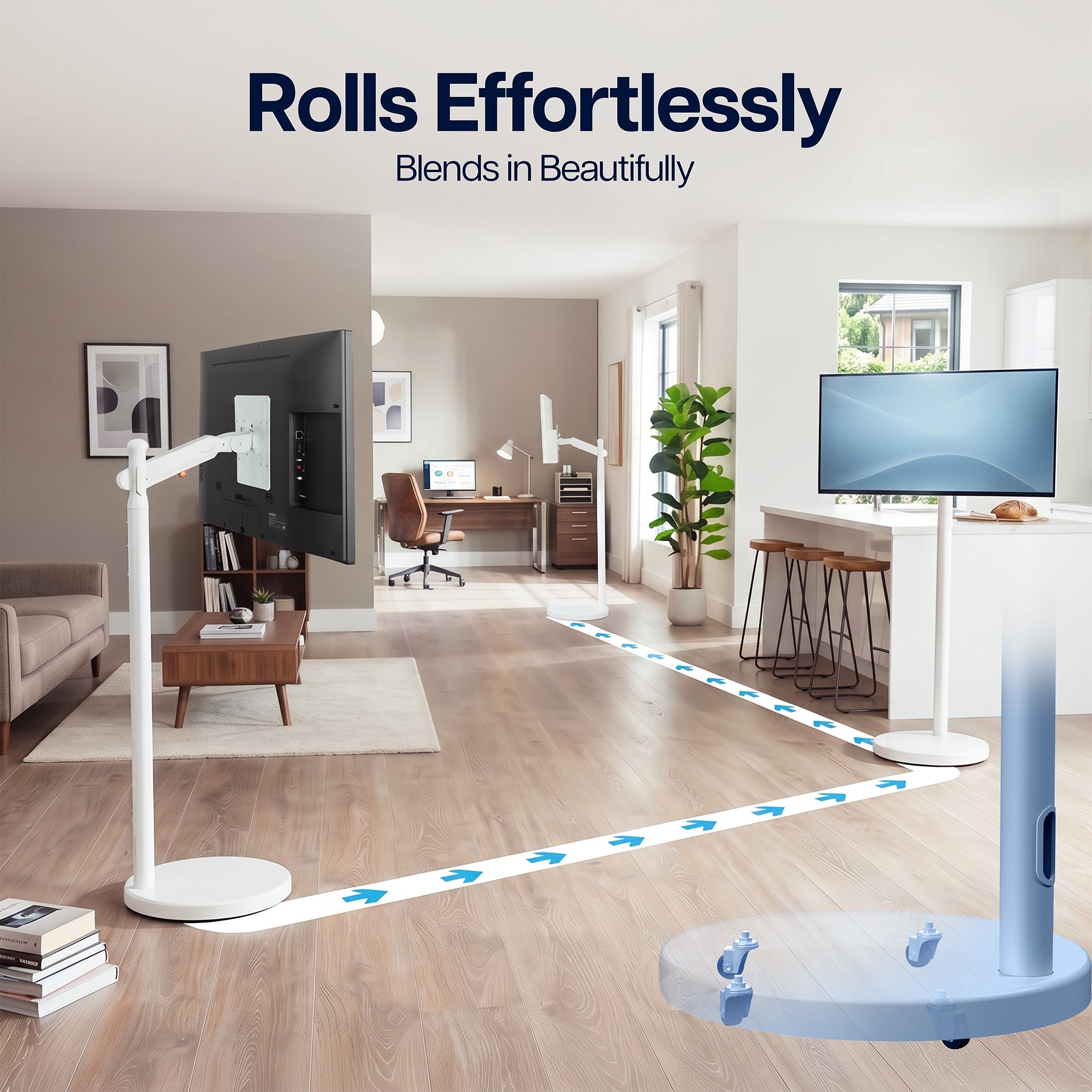 White rolling TV and monitor cart with smooth casters for effortless movement between rooms