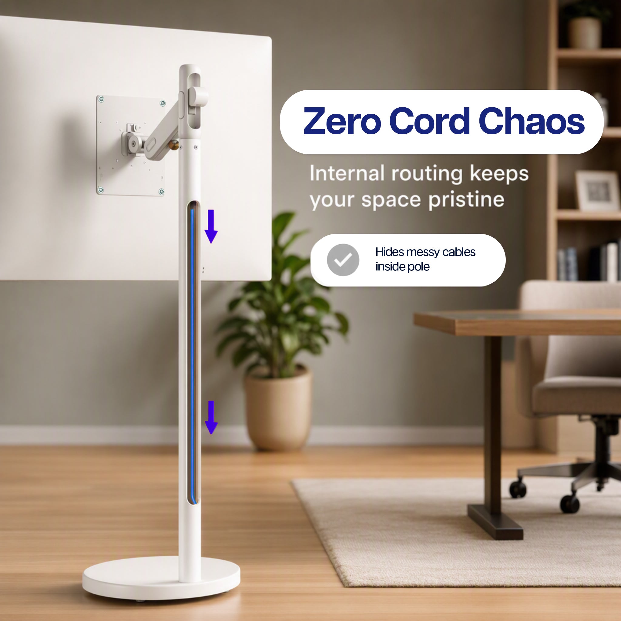 A white monitor / TV stand with a circular base and articulated arm shown in a home office setting. The image includes text overlays that read 'Zero Cord Chaos' and 'Internal routing keeps your space pristine,' along with blue arrows indicating cable routing inside the stand.