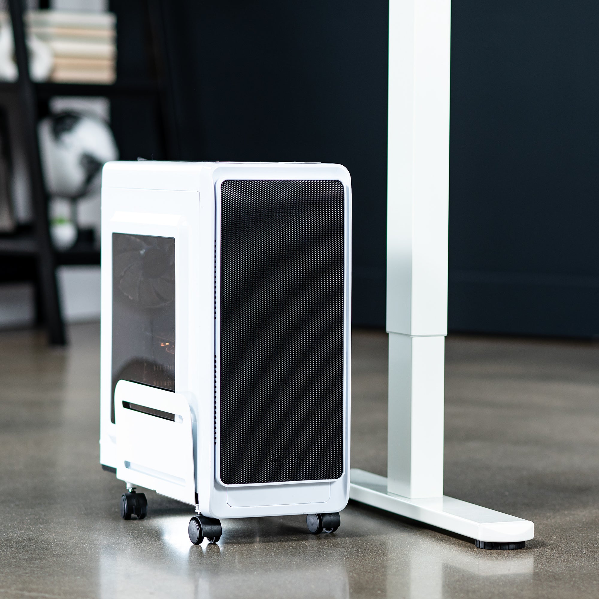 Sturdy mobile CPU cart with adjustable width and locking wheels.