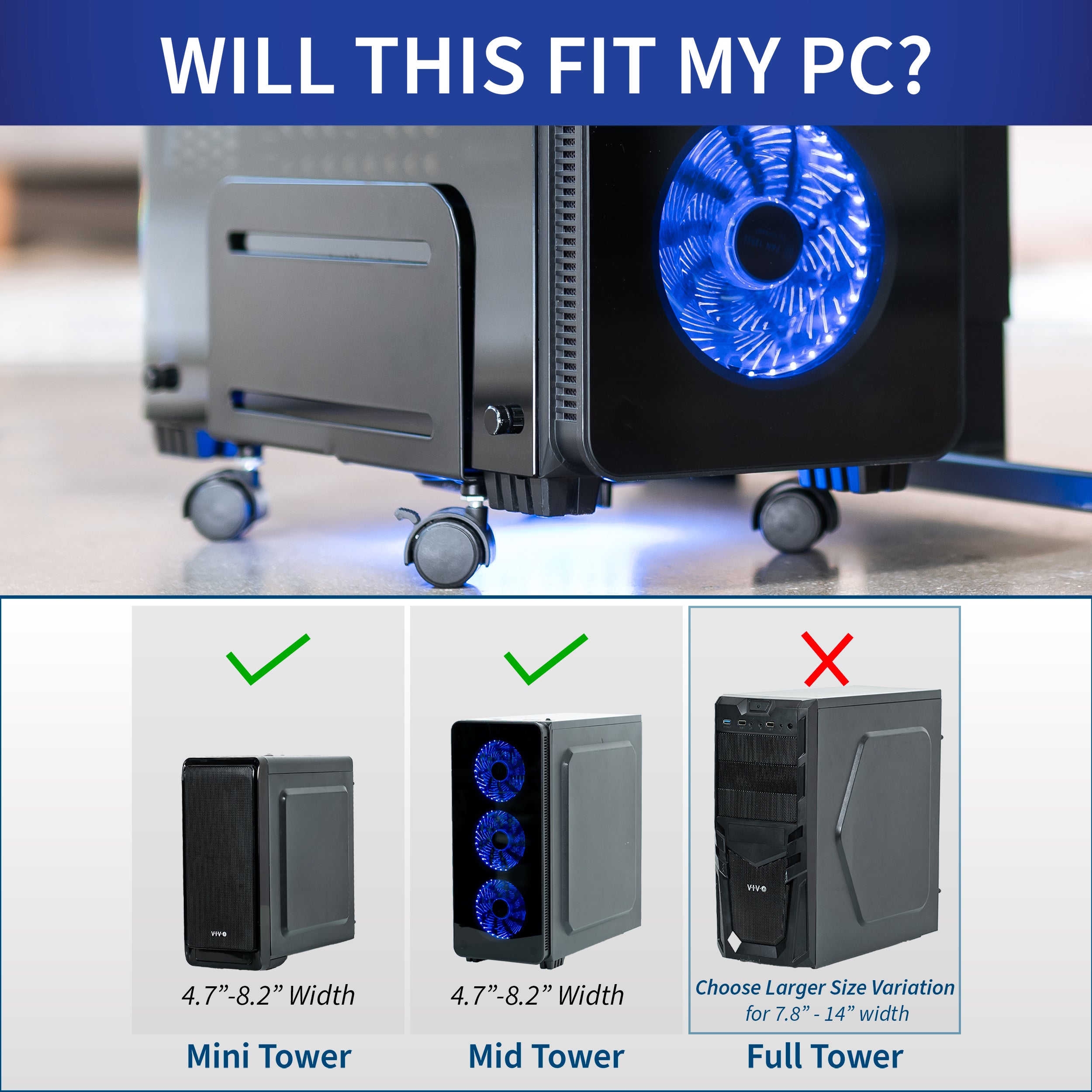 Sturdy mobile CPU cart with adjustable width and locking wheels.