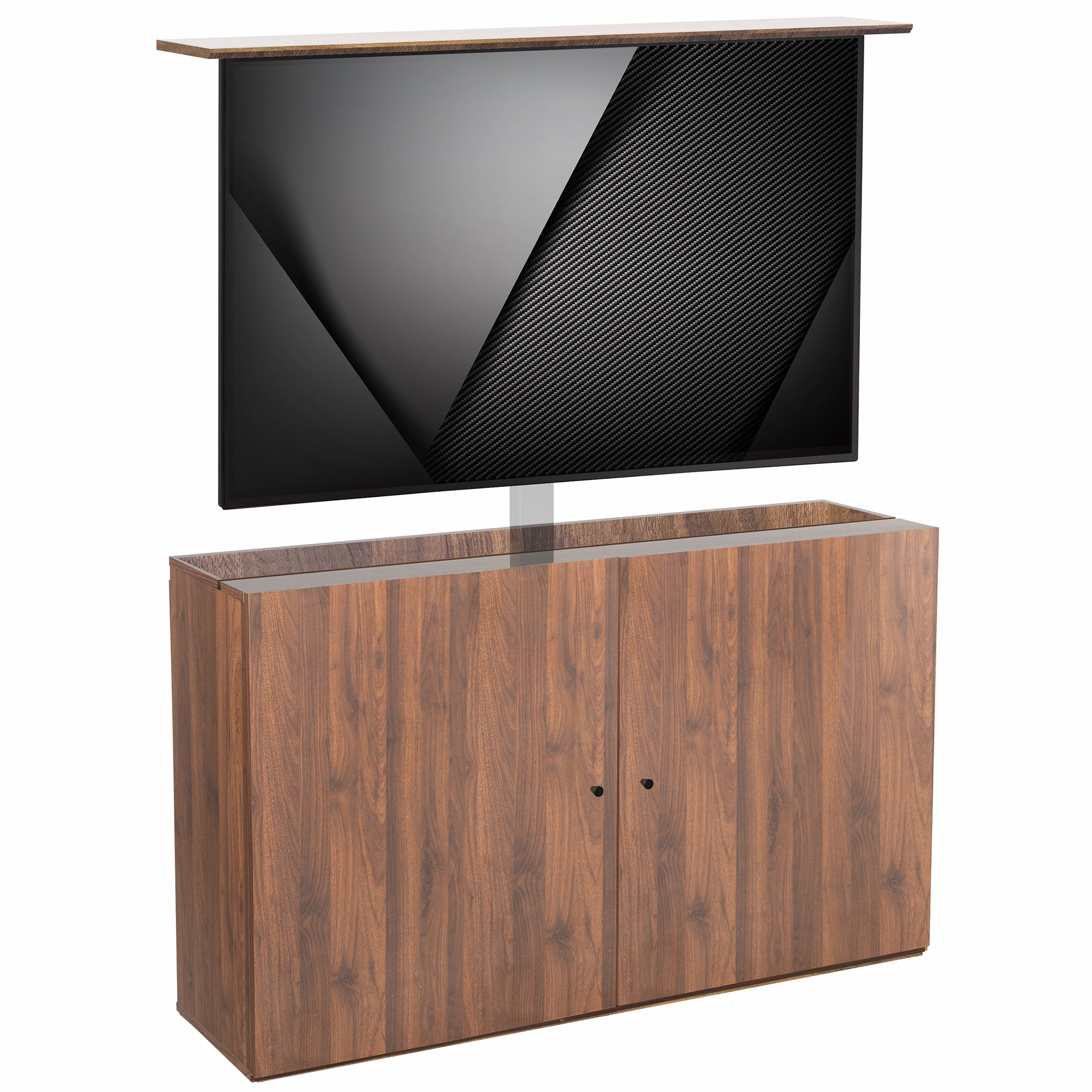 A walnut brown TV lift cabinet with a flat-screen TV mounted on top.