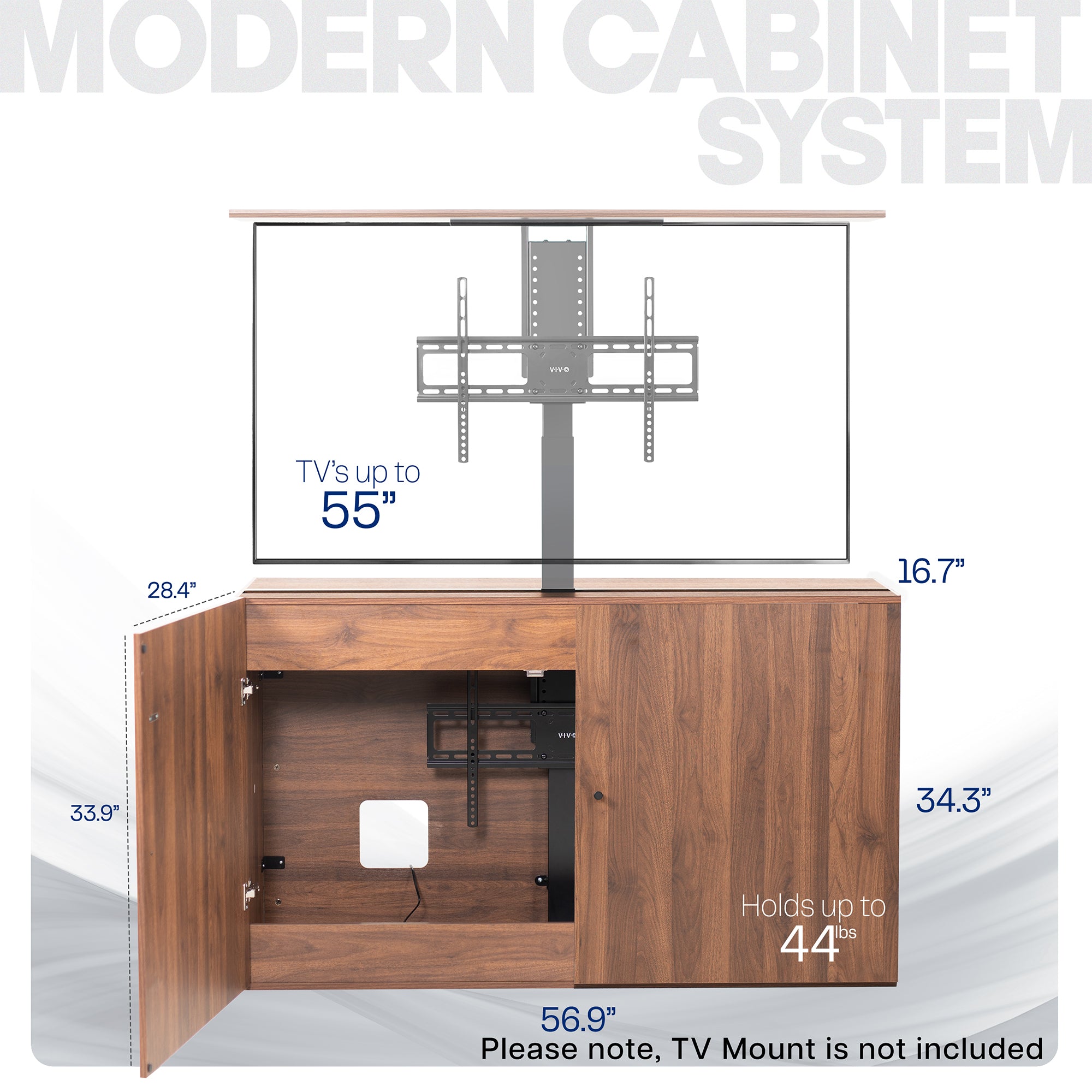 Wooden TV stand with measurements and text about TV size compatibility on a white background.