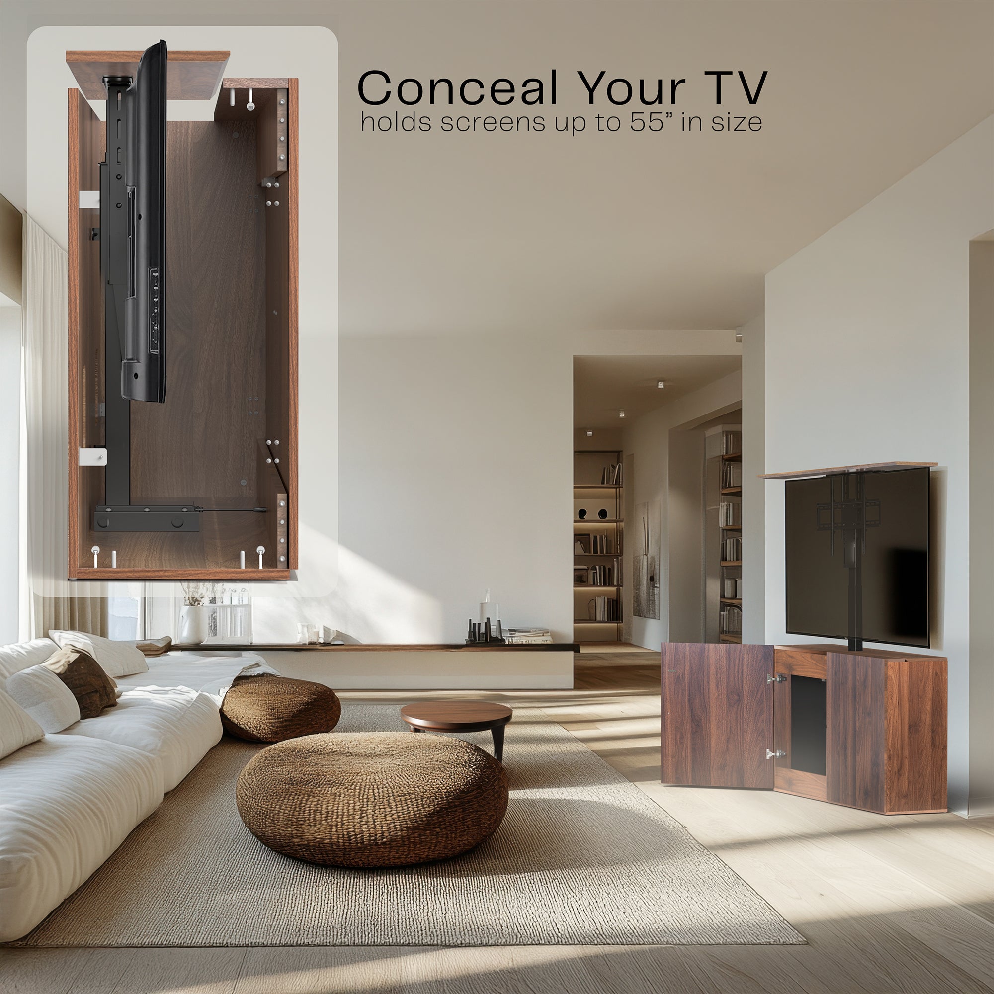 A walnut brown TV lift cabinet with a flat-screen TV mounted on top in a modern living room.