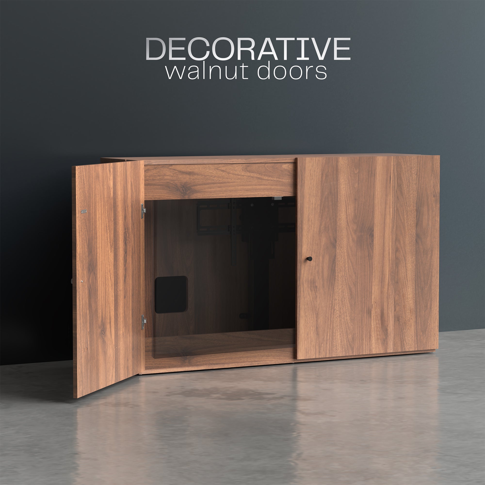 A walnut brown TV lift cabinet with a decorative exterior.