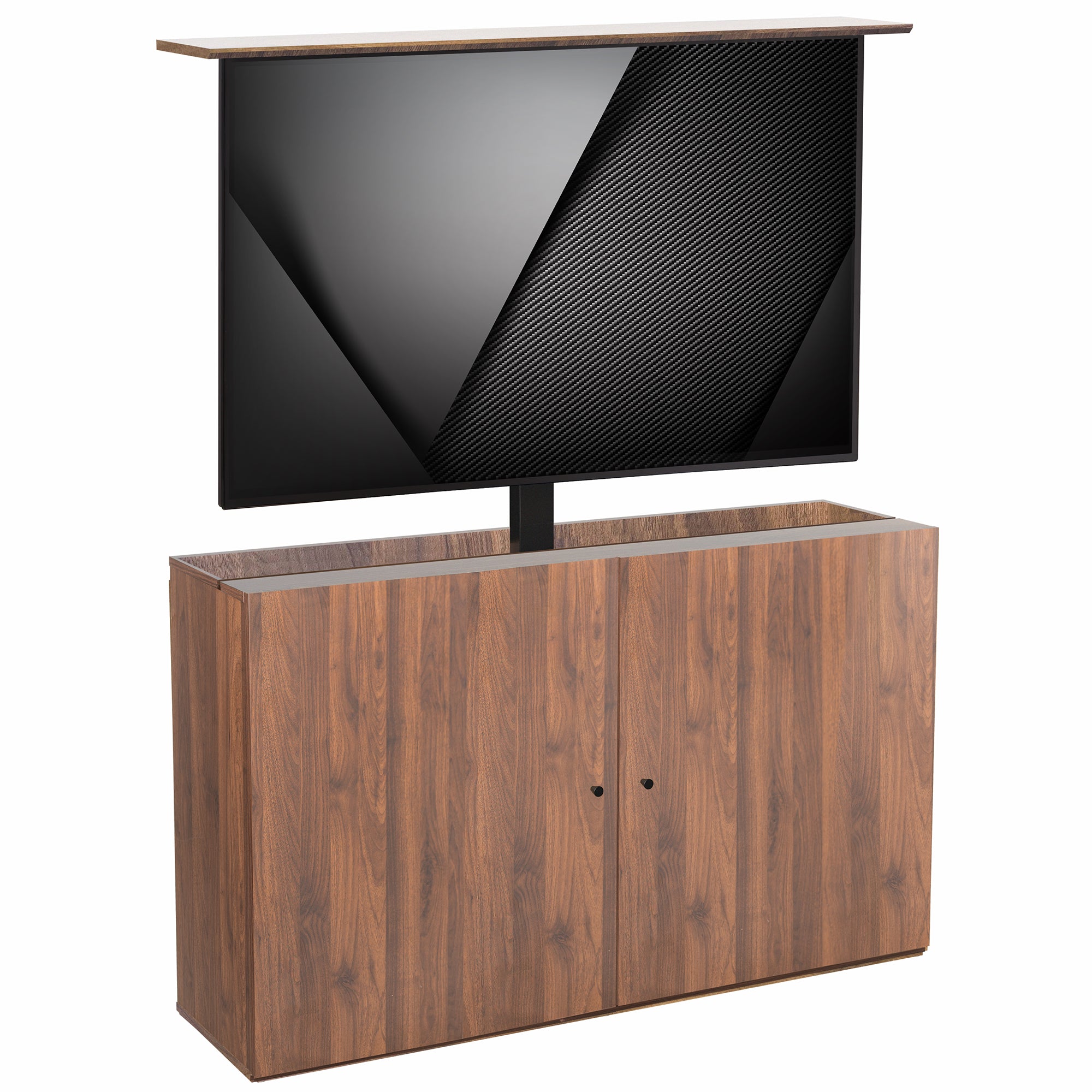 Wooden TV cabinet with a black flat-screen TV on a white background