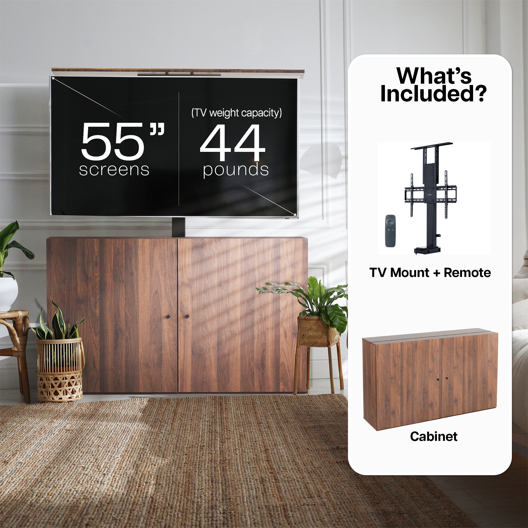 Wooden TV cabinet with a black flat-screen TV on a white background