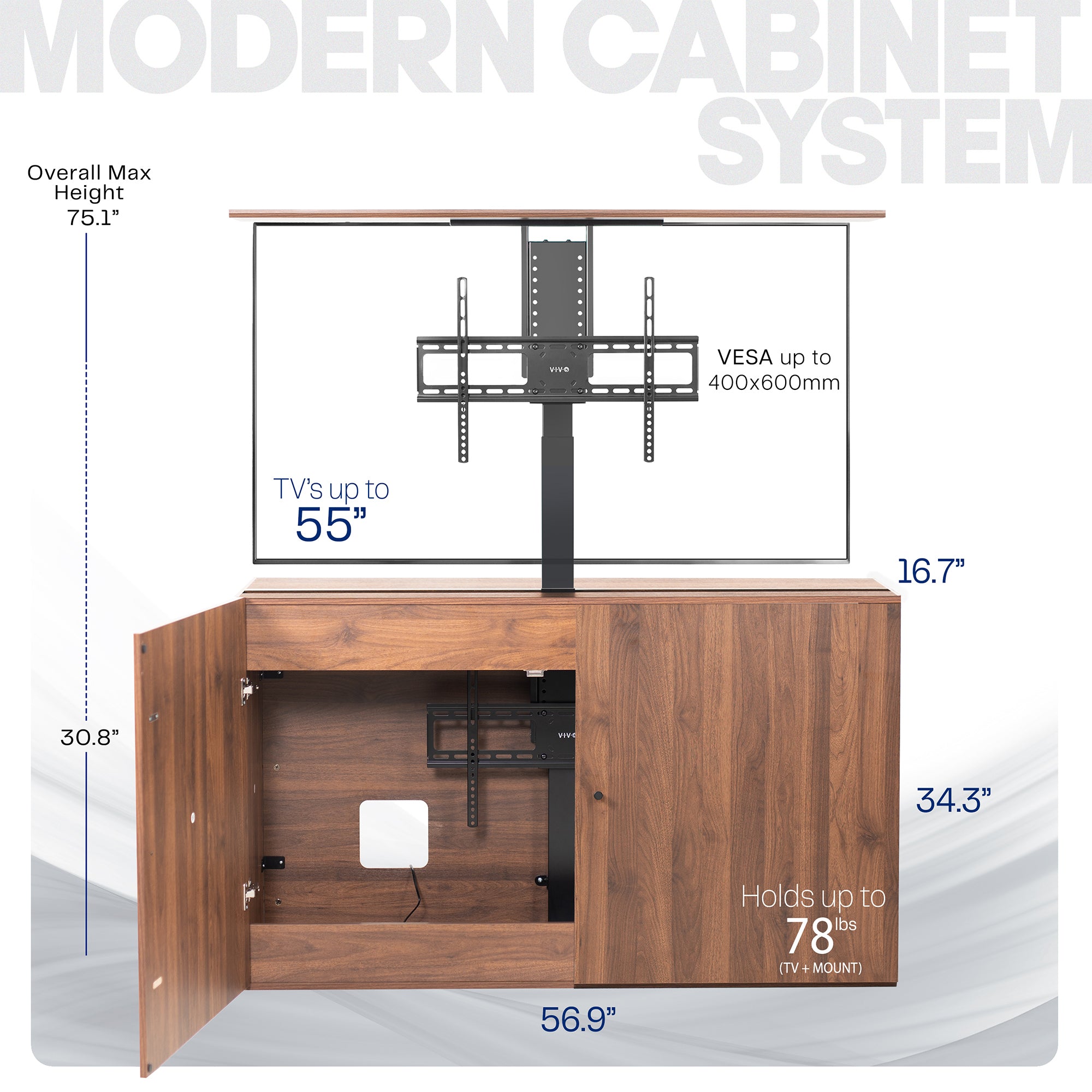 Wooden TV cabinet with a black flat-screen TV on a white background