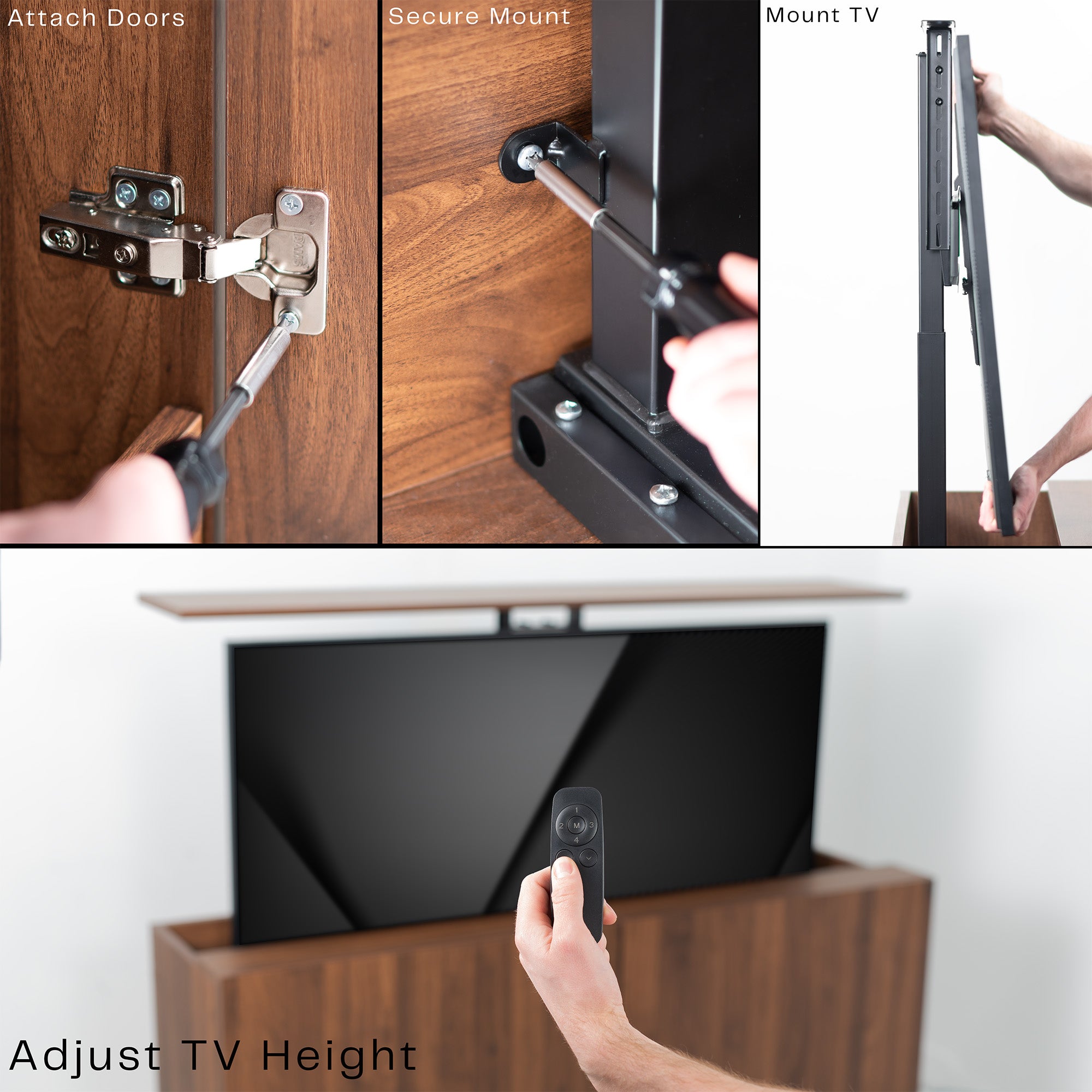 Step-by-step process of mounting a TV in a wooden cabinet.