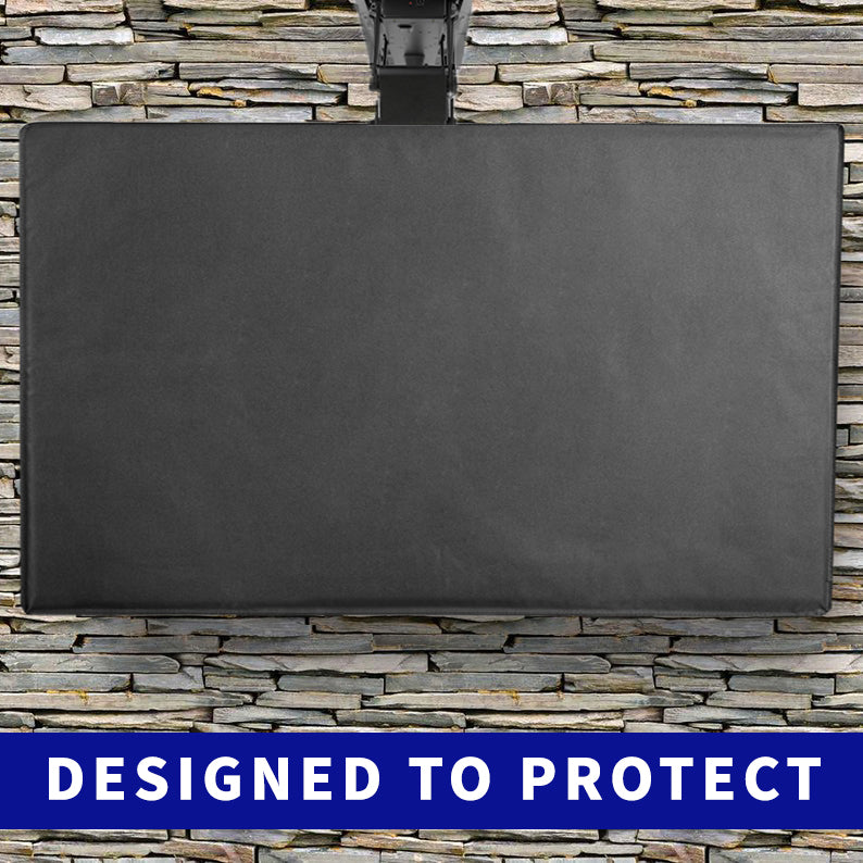 A black TV cover fitted over a ceiling mount TV with a visible mounting mechanism.