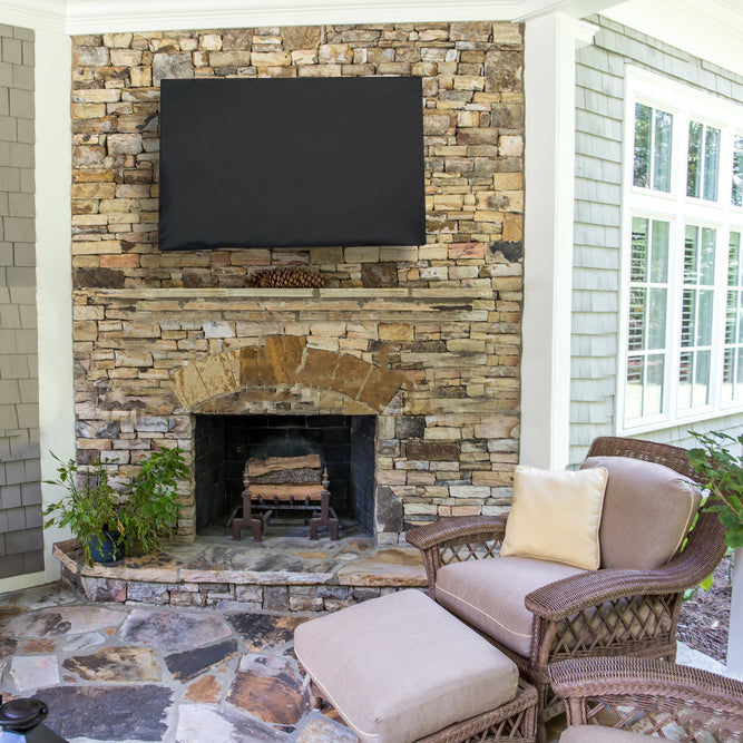 Protective flat screen TV cover in an outdoor patio area.