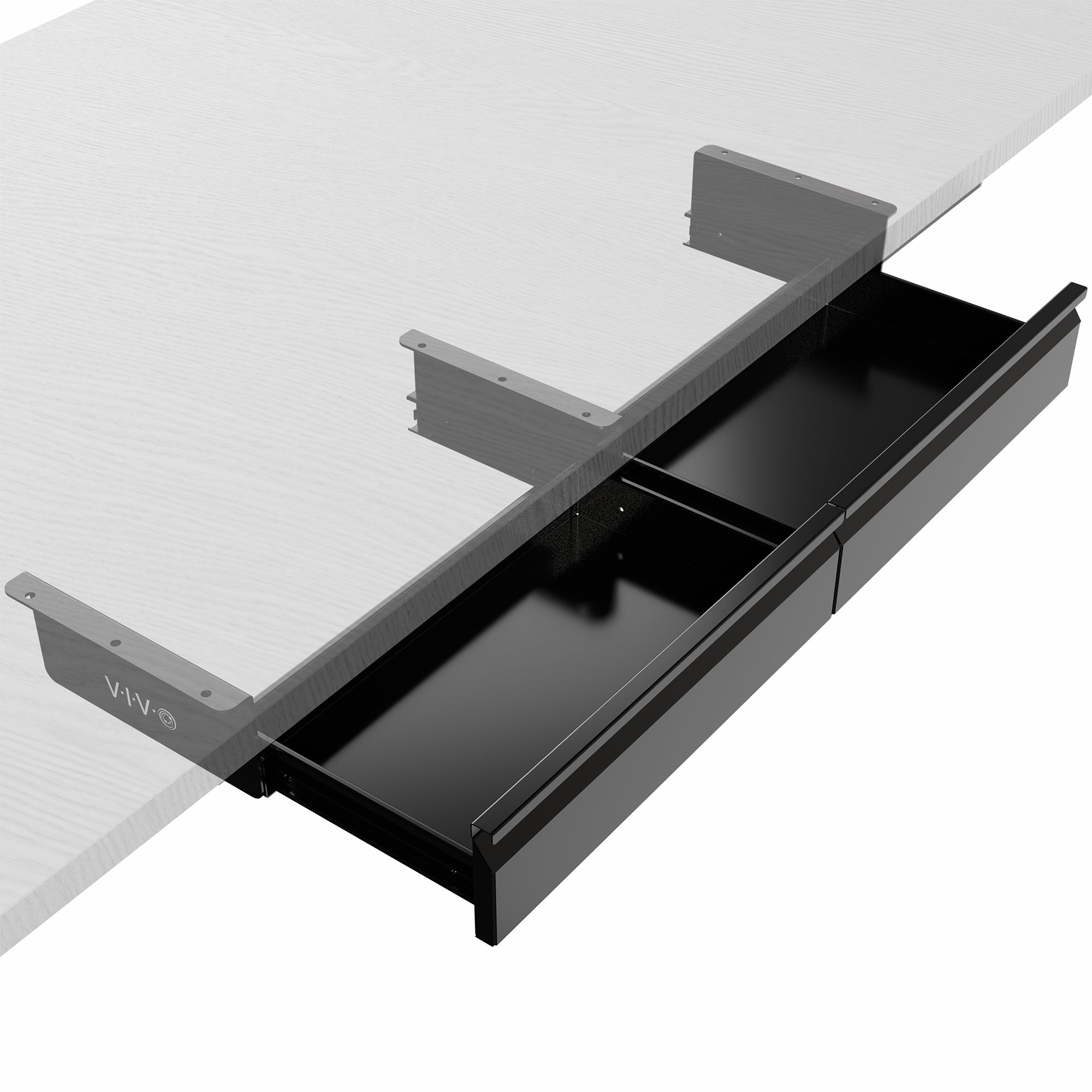 Black under-desk drawer extension with VIVO branding on a white background