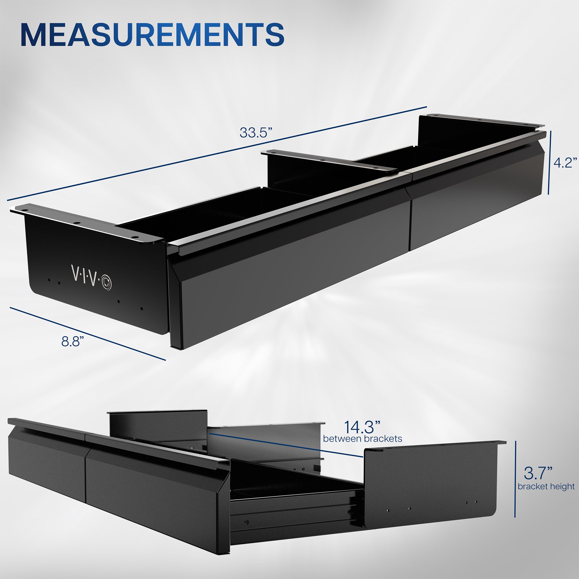 Black metal bracket with measurements on a white background