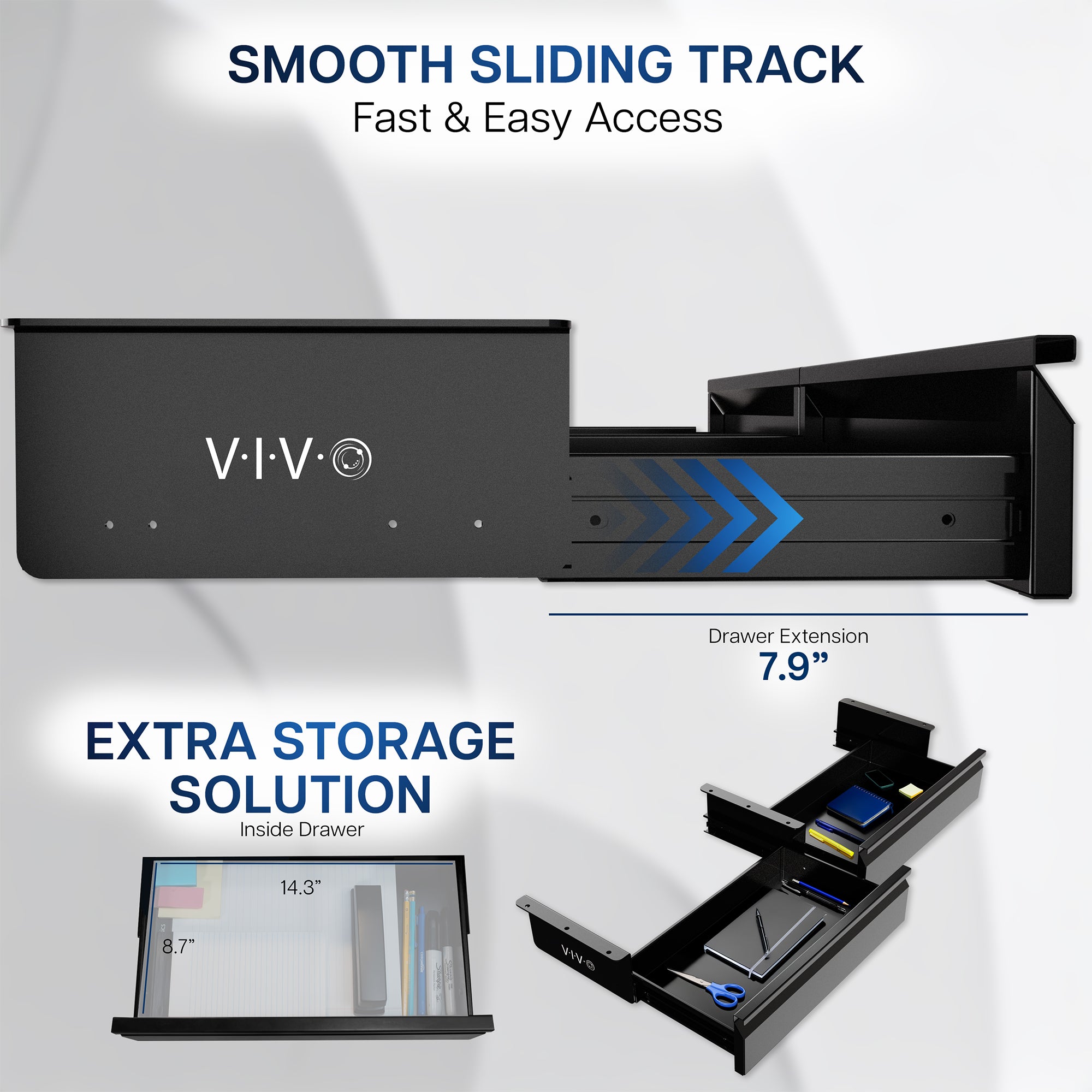 VIVO drawer extension with sliding track and storage solution on a white background