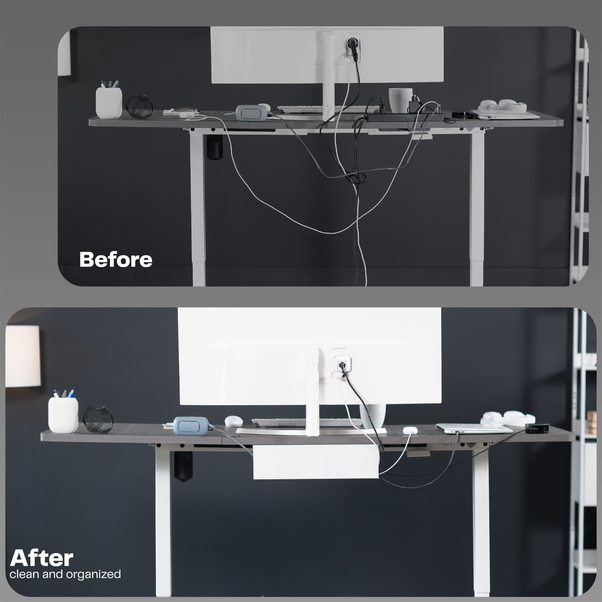 Before and after comparison of a desk setup with organized cables.