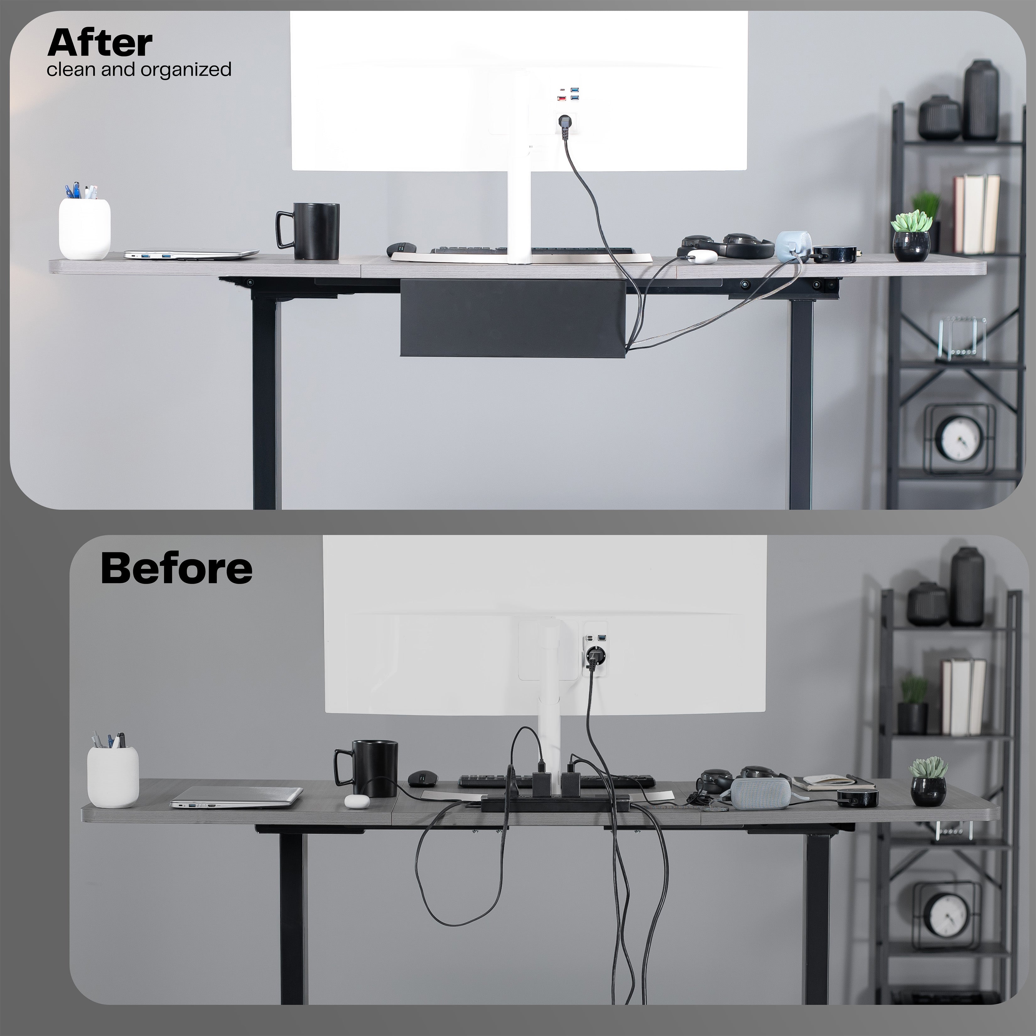 Before and after comparison of a desk setup with cleaning and organization.