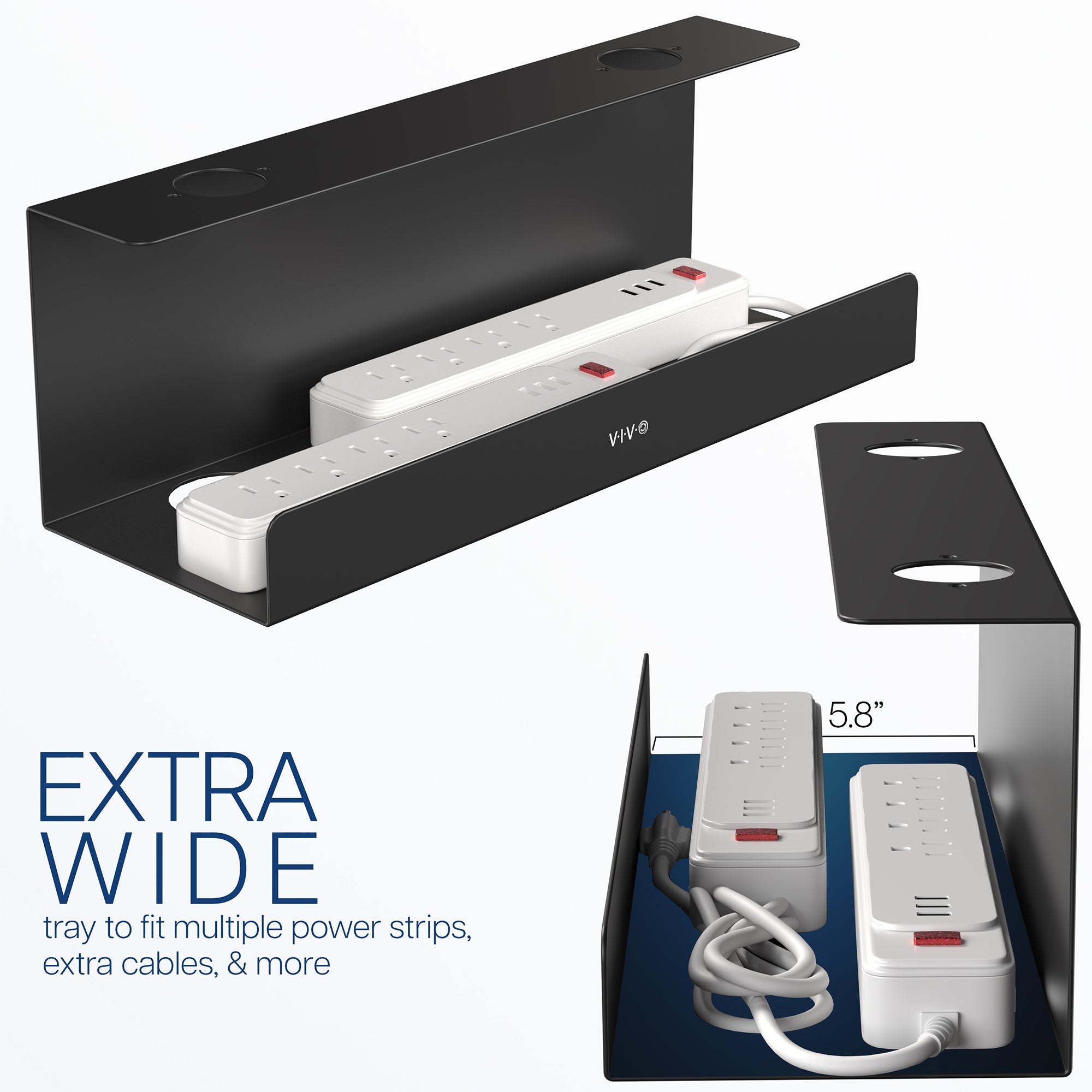 Extra deep under desk cable management tray for office storage. Low profile, sleek, and flexible with simple installation.