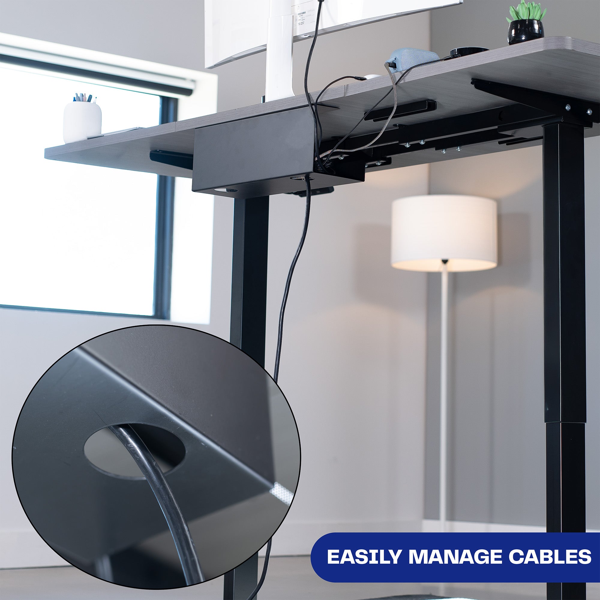 Extra deep under desk cable management tray for office storage. Low profile, sleek, and flexible with simple installation.