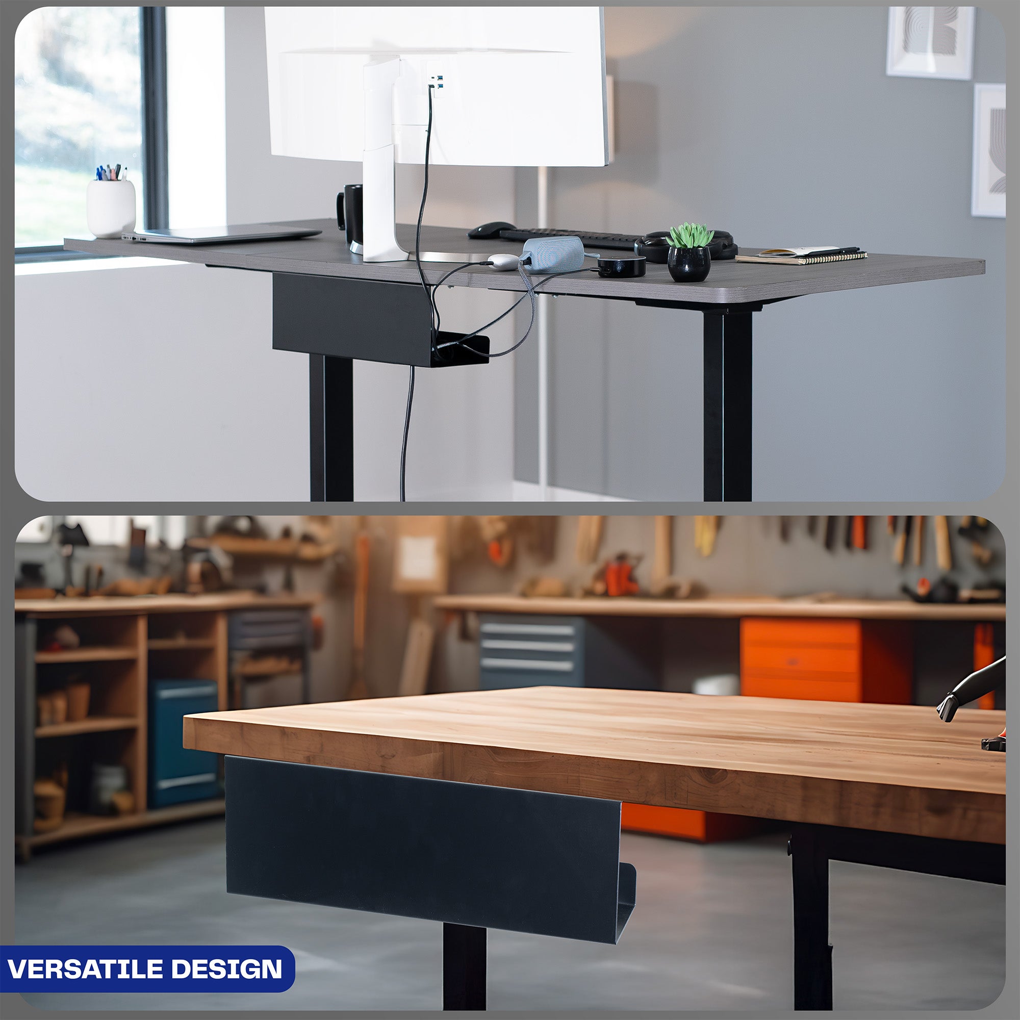 Extra deep under desk cable management tray for office storage. Low profile, sleek, and flexible with simple installation.