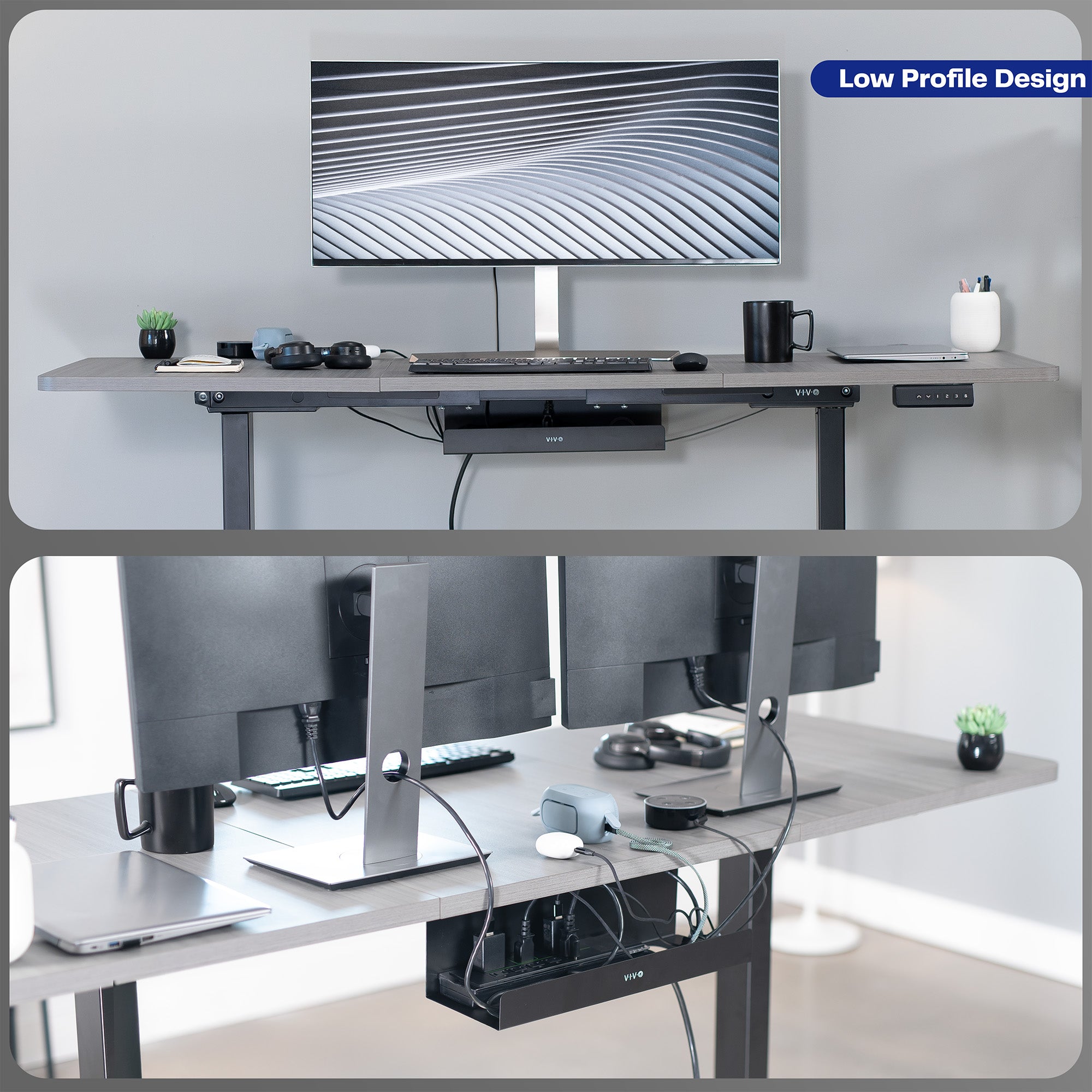 Extra deep under desk cable management tray for office storage. Low profile, sleek, and flexible with simple installation.