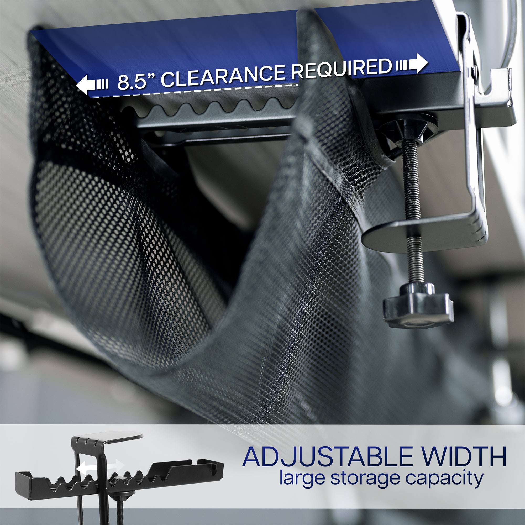 Under desk, clamp-on cable management net with adjustable width and clearance requirement label