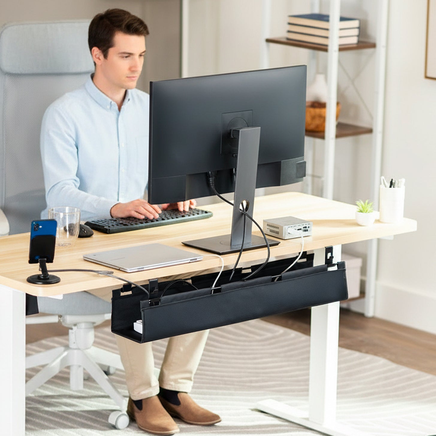 31" Under Desk Fabric Cable Management Tray with desk.