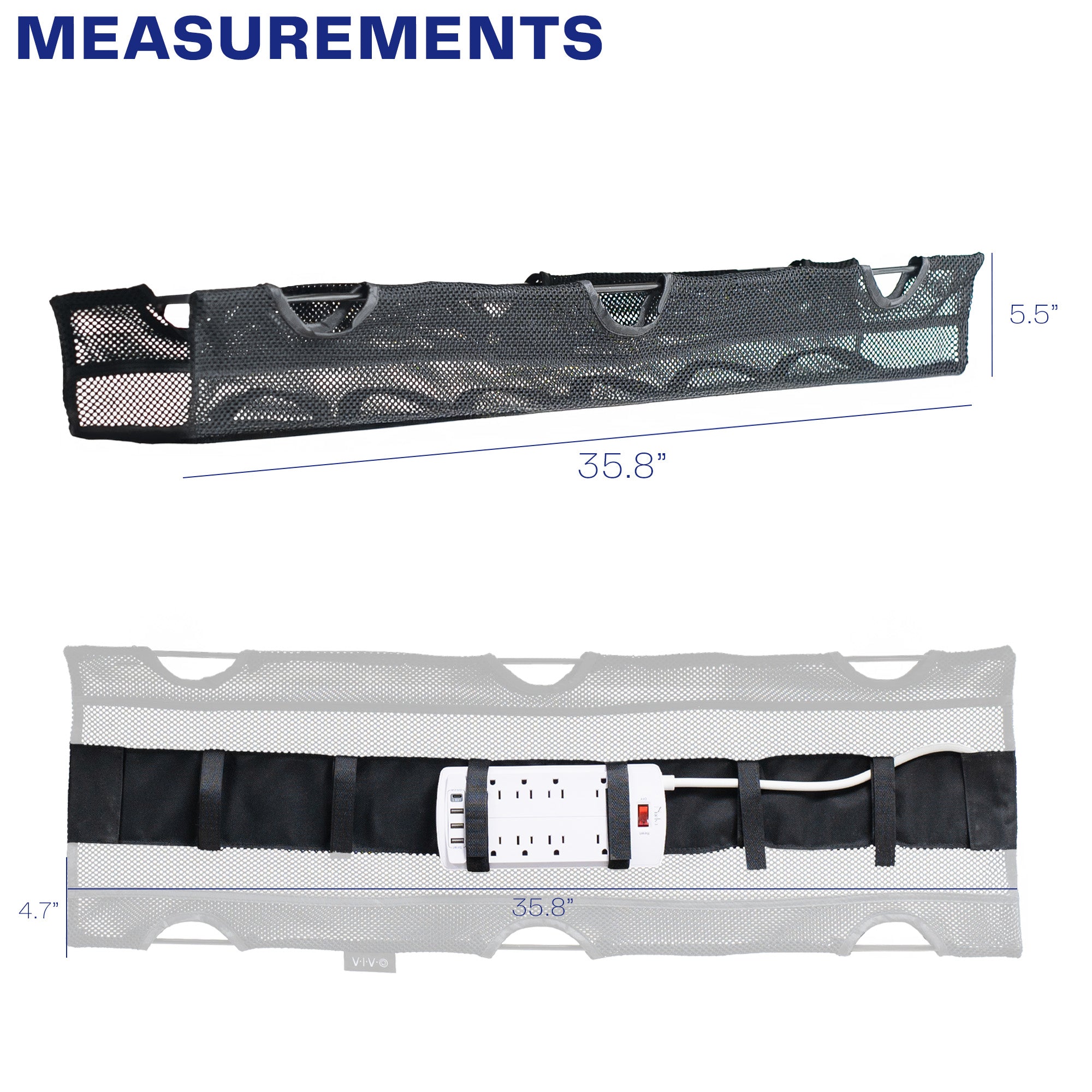 A black mesh cable management system with a power strip holder with measurement text displayed.