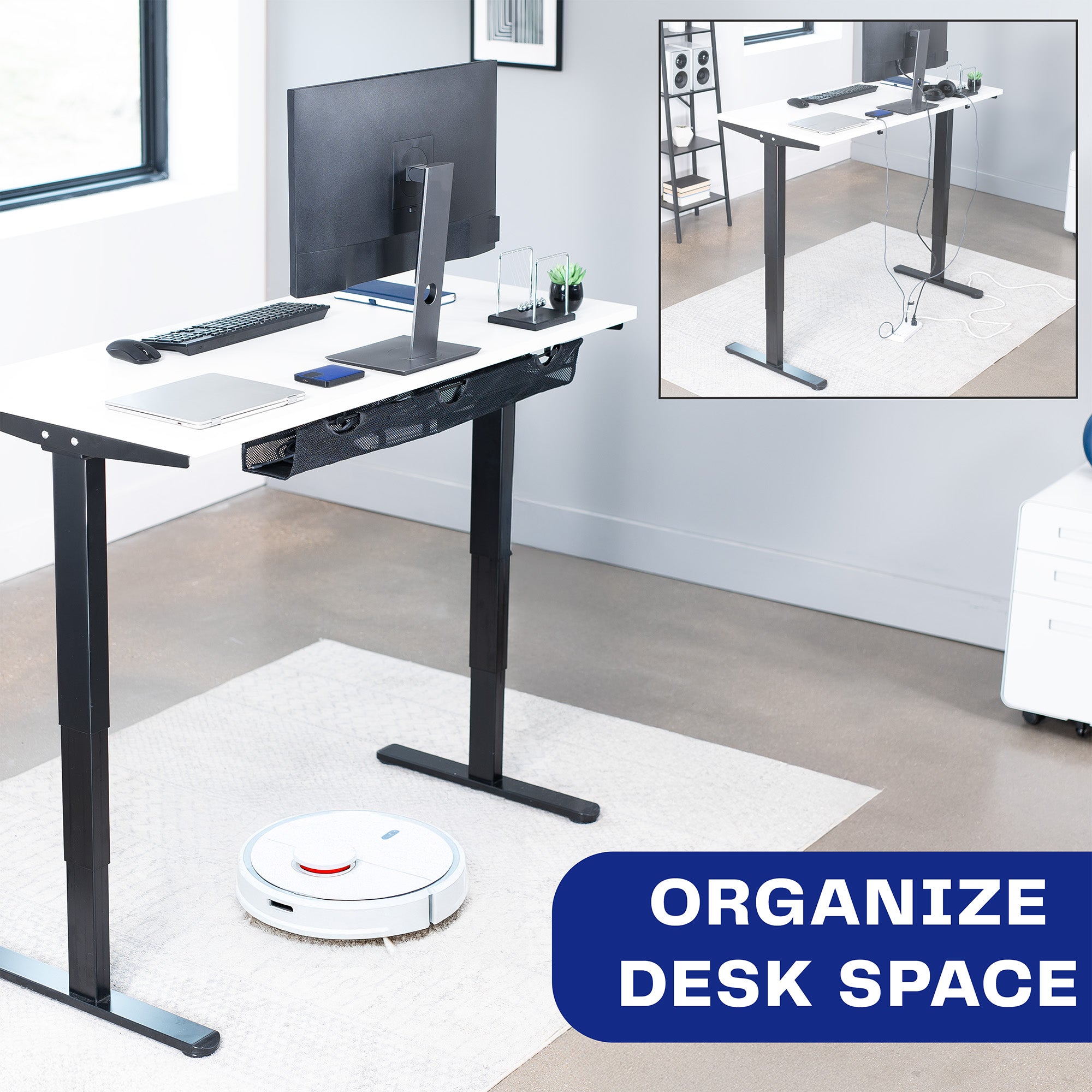 A black mesh cable management system that creates an organized workspace.