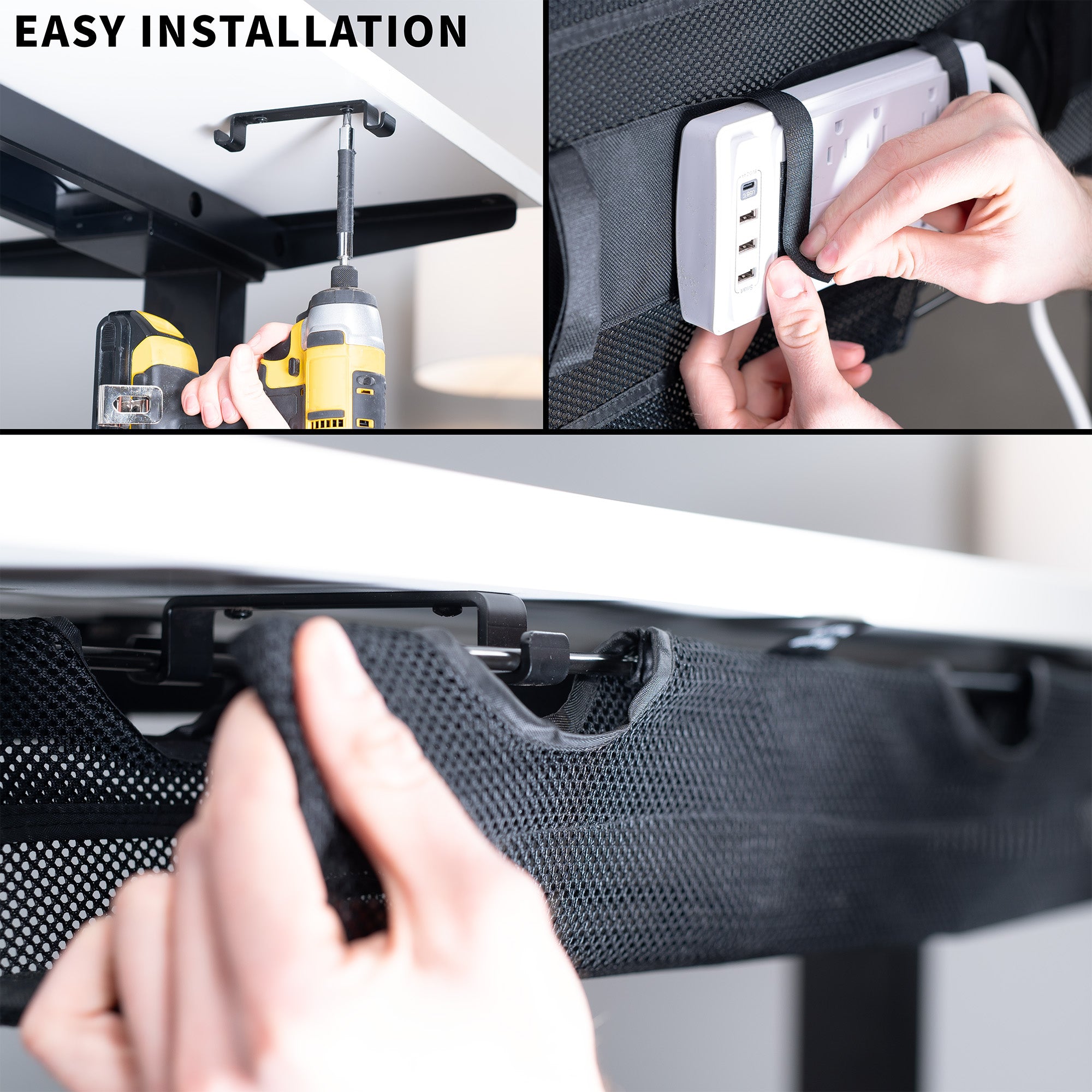 Easy installation text for a black, mesh cable management system.