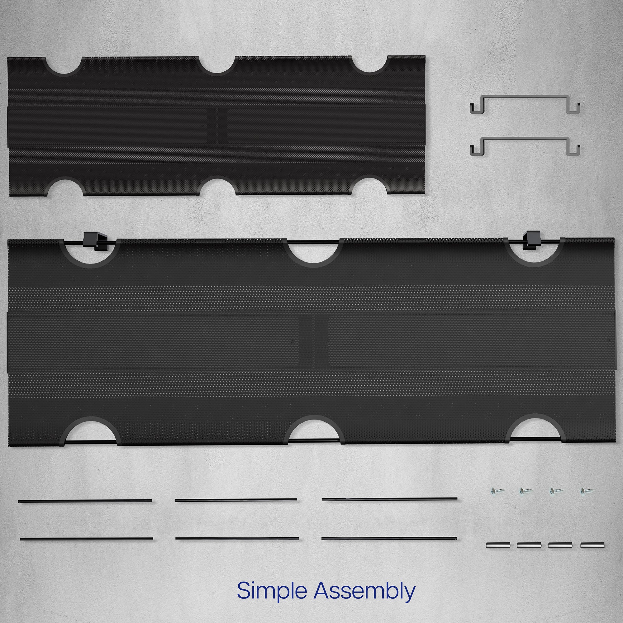A black mesh cable management system parts showing simple assembly.