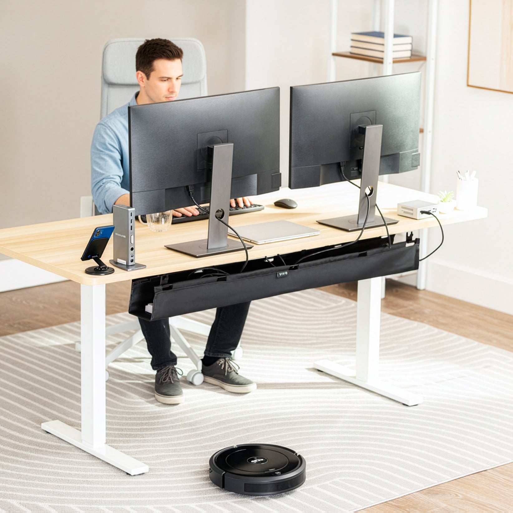 47" Under Desk Fabric Cable Management Tray with desk.