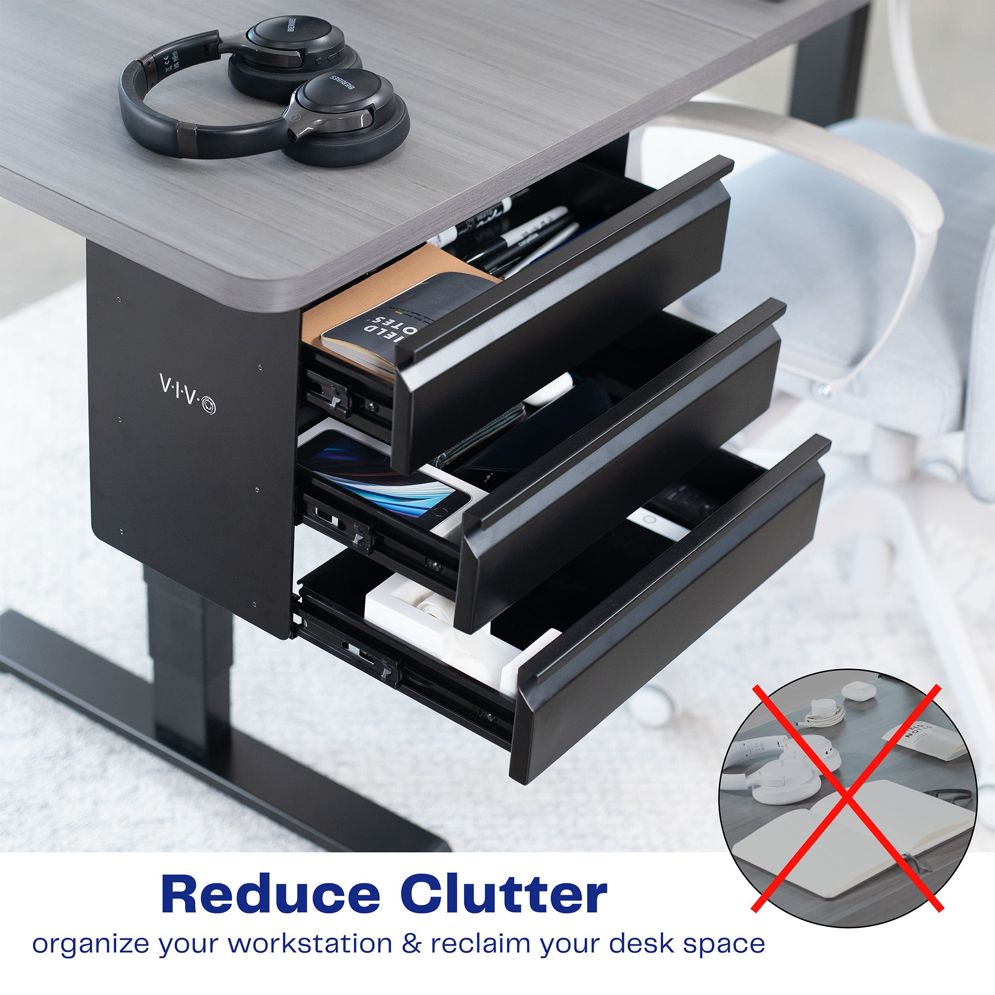 Sleek under desk storage unit with three pull-out drawers for office workstation organization.