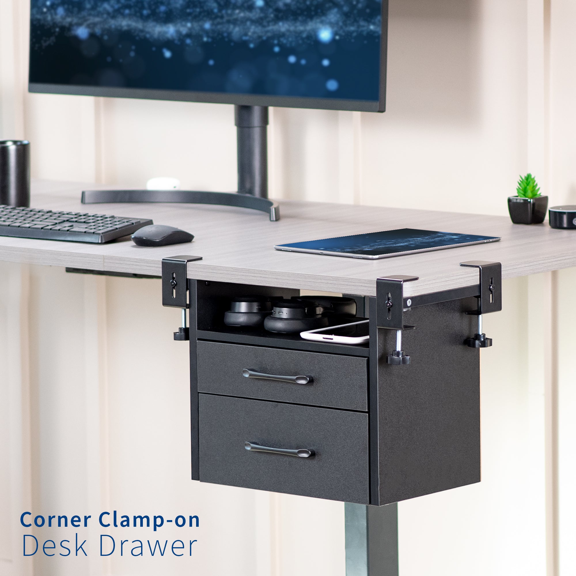 Clamp-on corner desk storage system with two pull-out drawers and open top shelf surface.