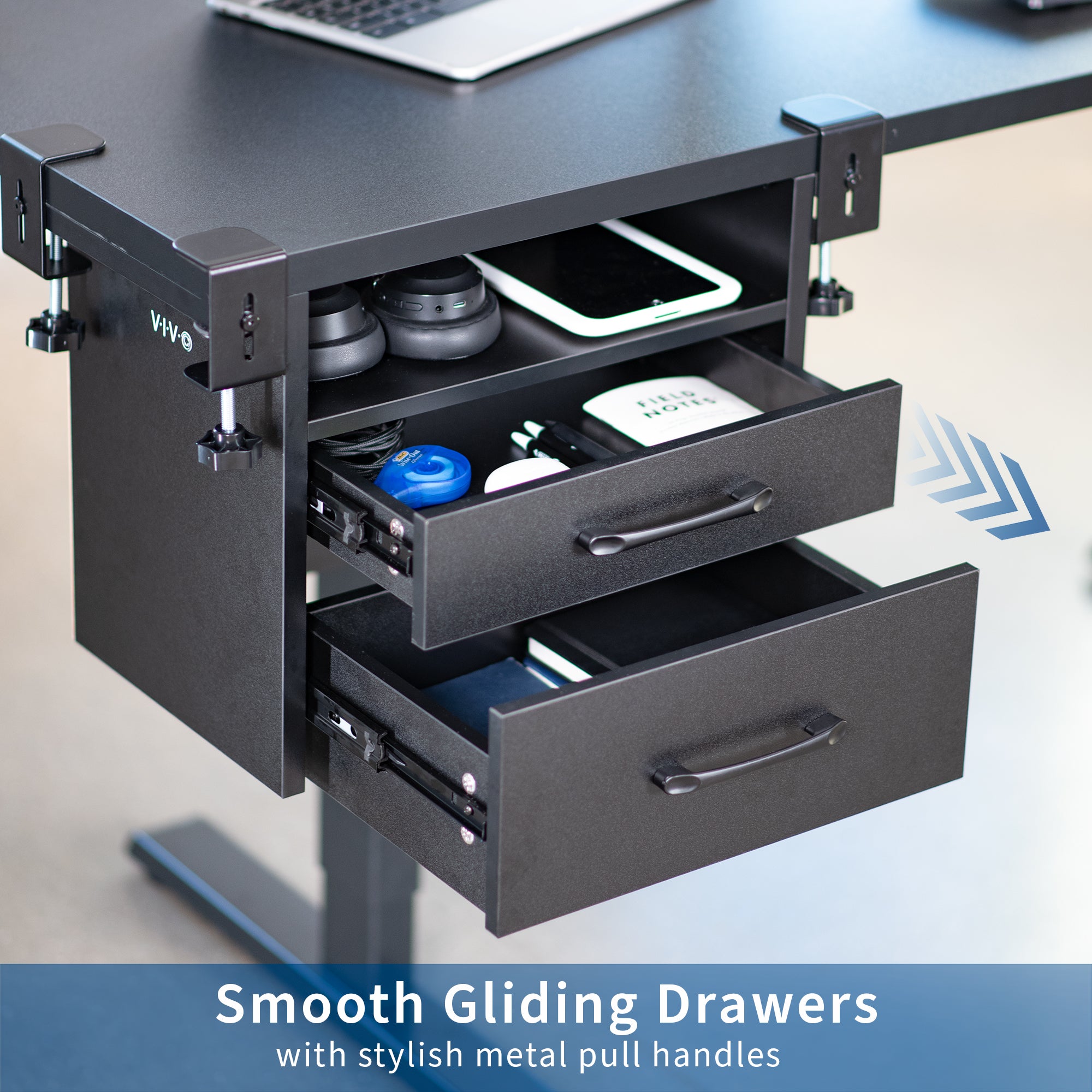 Clamp-on corner desk storage system with two pull-out drawers and open top shelf surface.