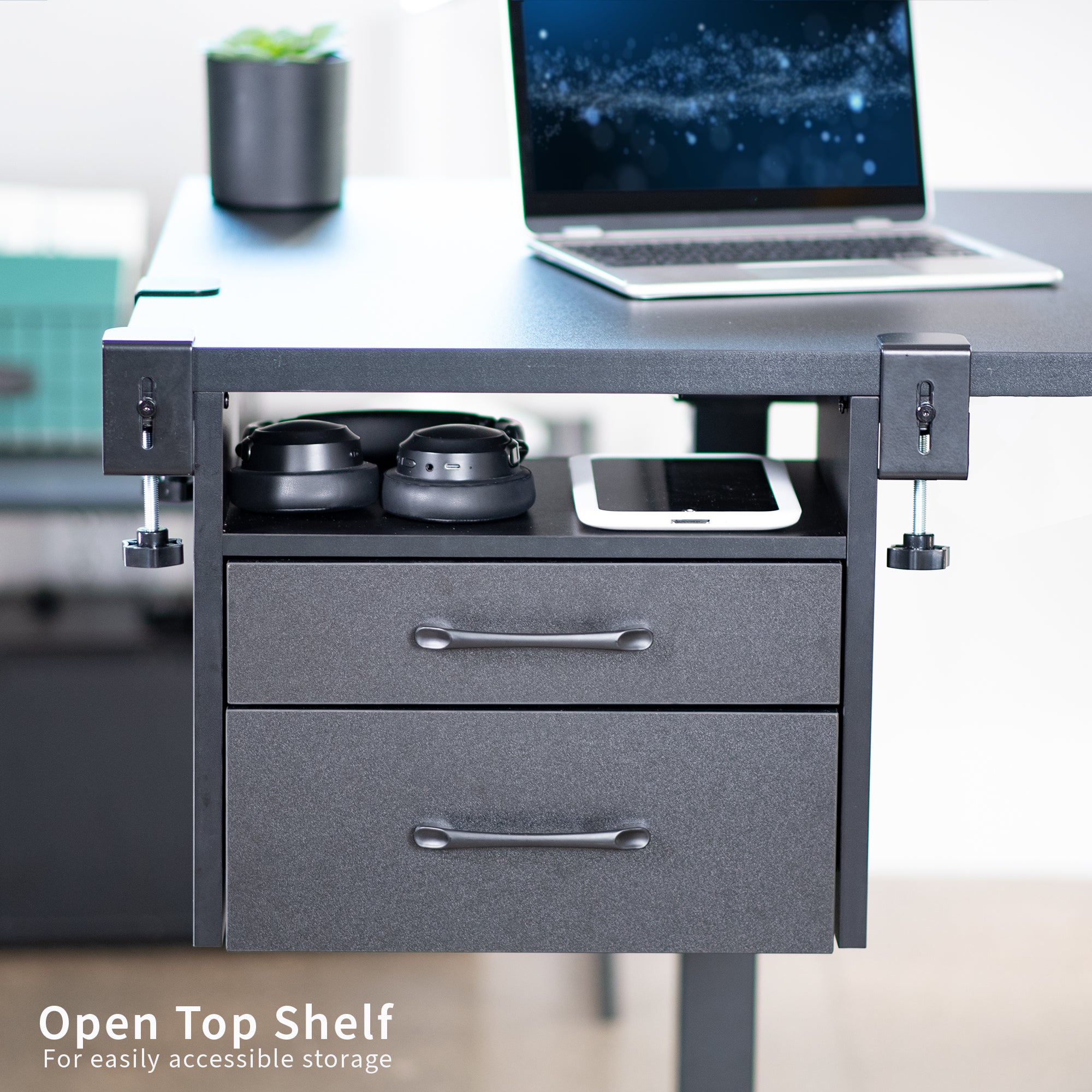 Clamp-on corner desk storage system with two pull-out drawers and open top shelf surface.