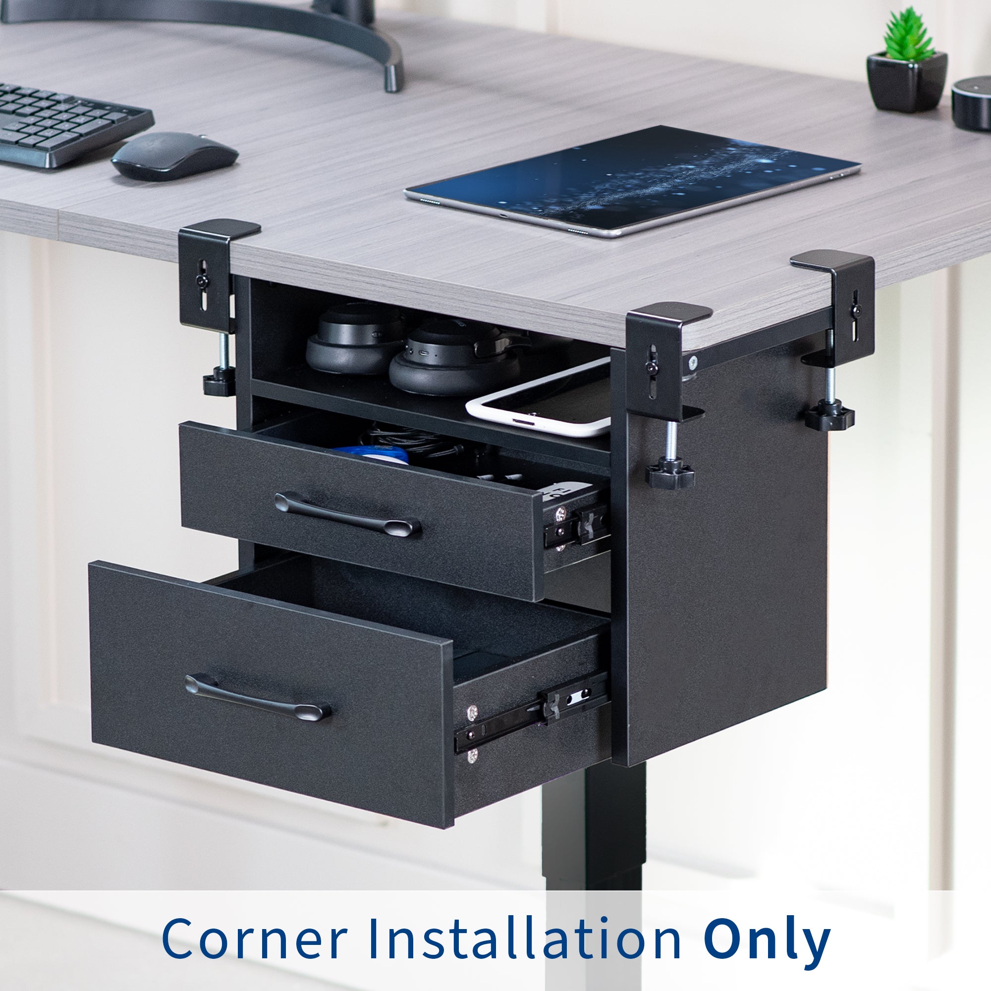Clamp-on corner desk storage system with two pull-out drawers and open top shelf surface.