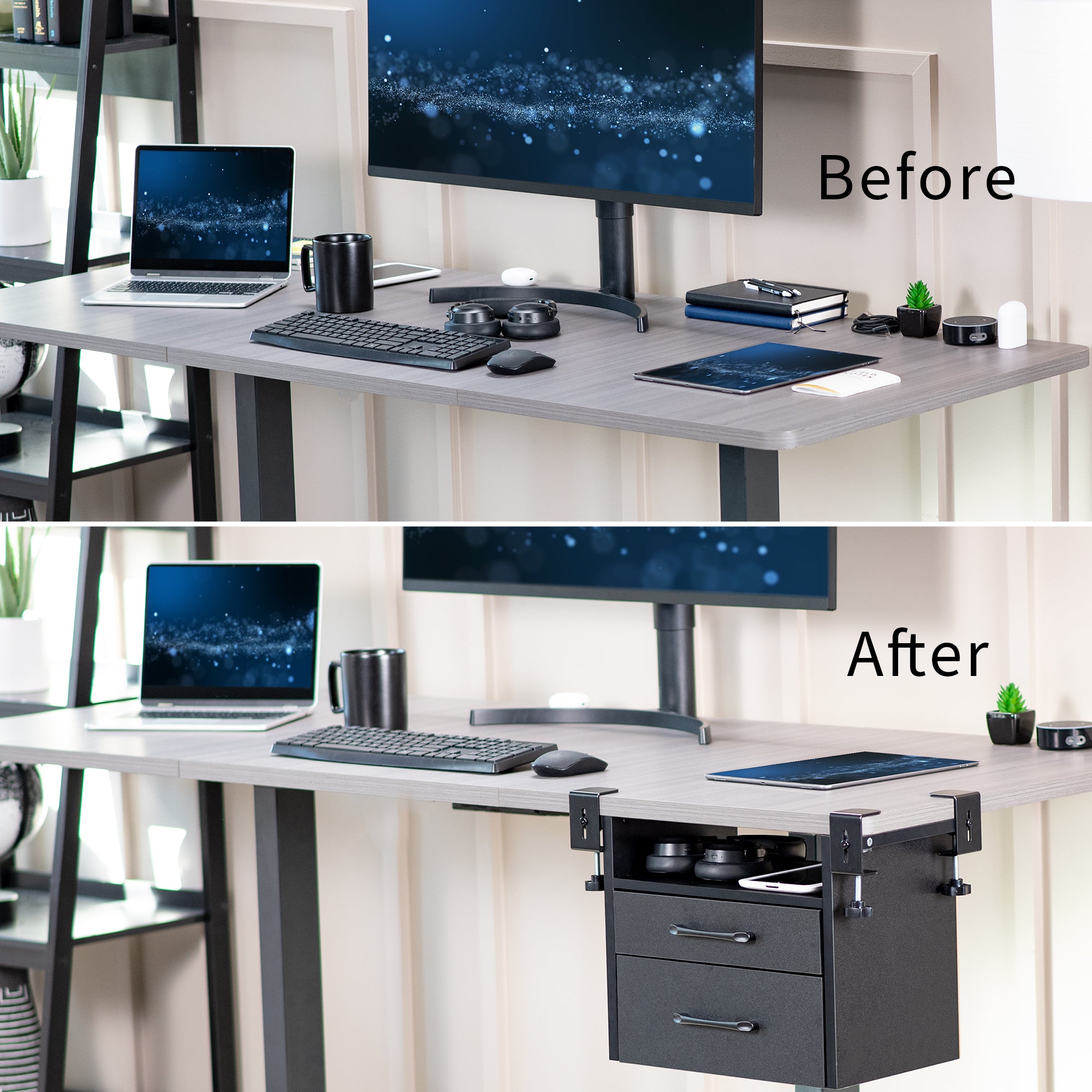 Clamp-on corner desk storage system with two pull-out drawers and open top shelf surface.
