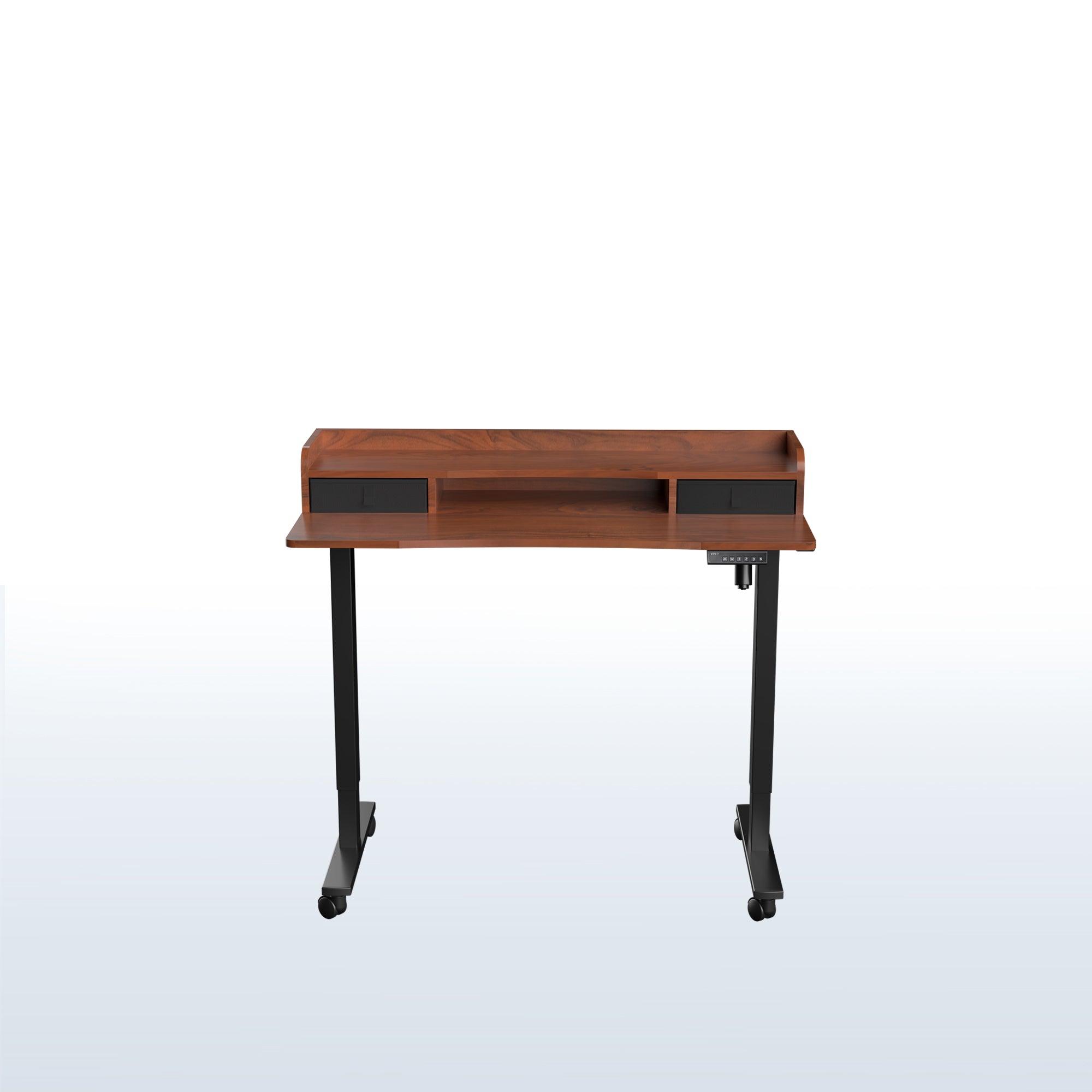 Ergonomic dual-tier height adjustable electric desk with built-in storage and drawers.