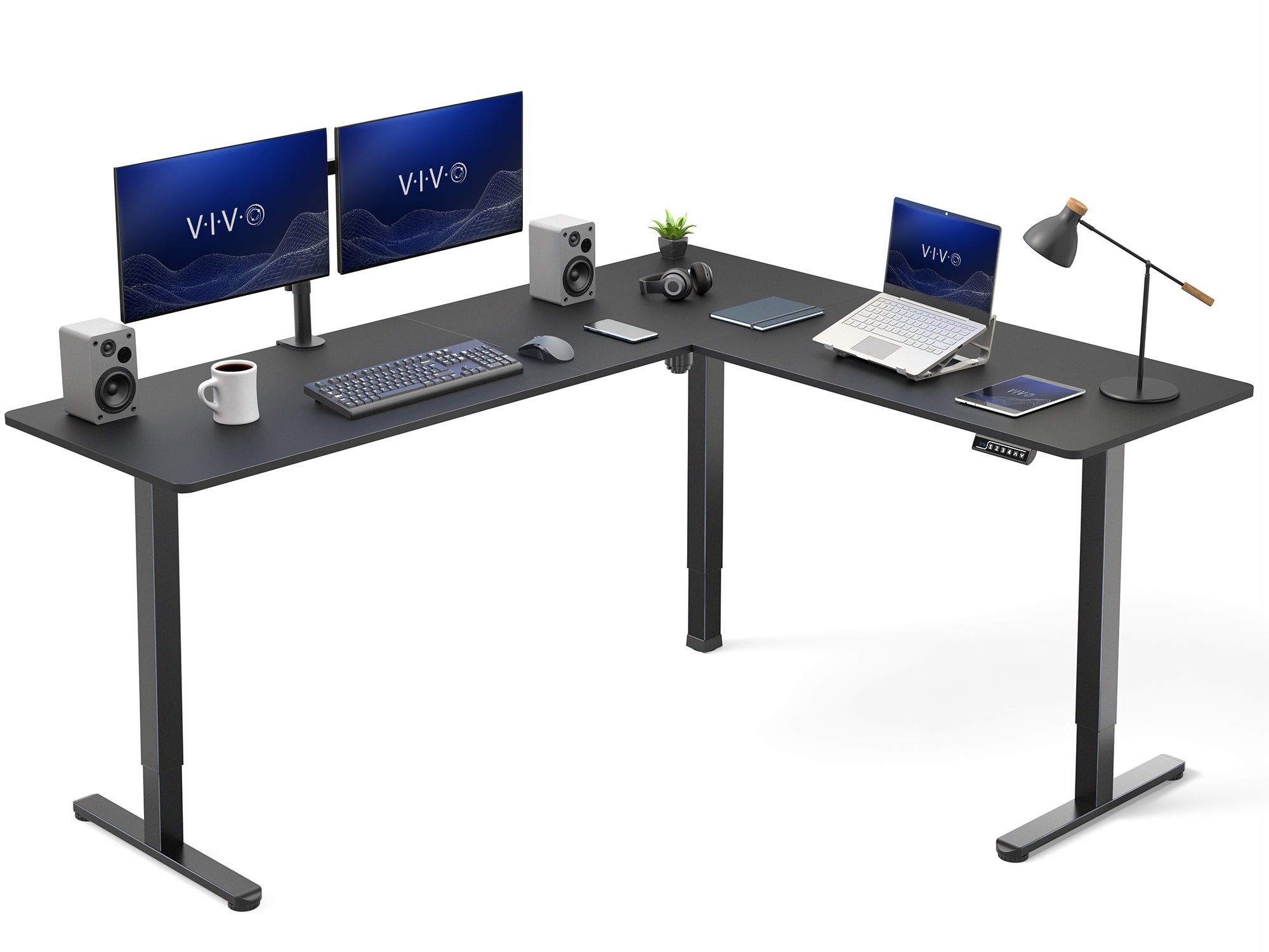 Black L-shaped desk with computer setup on a white background