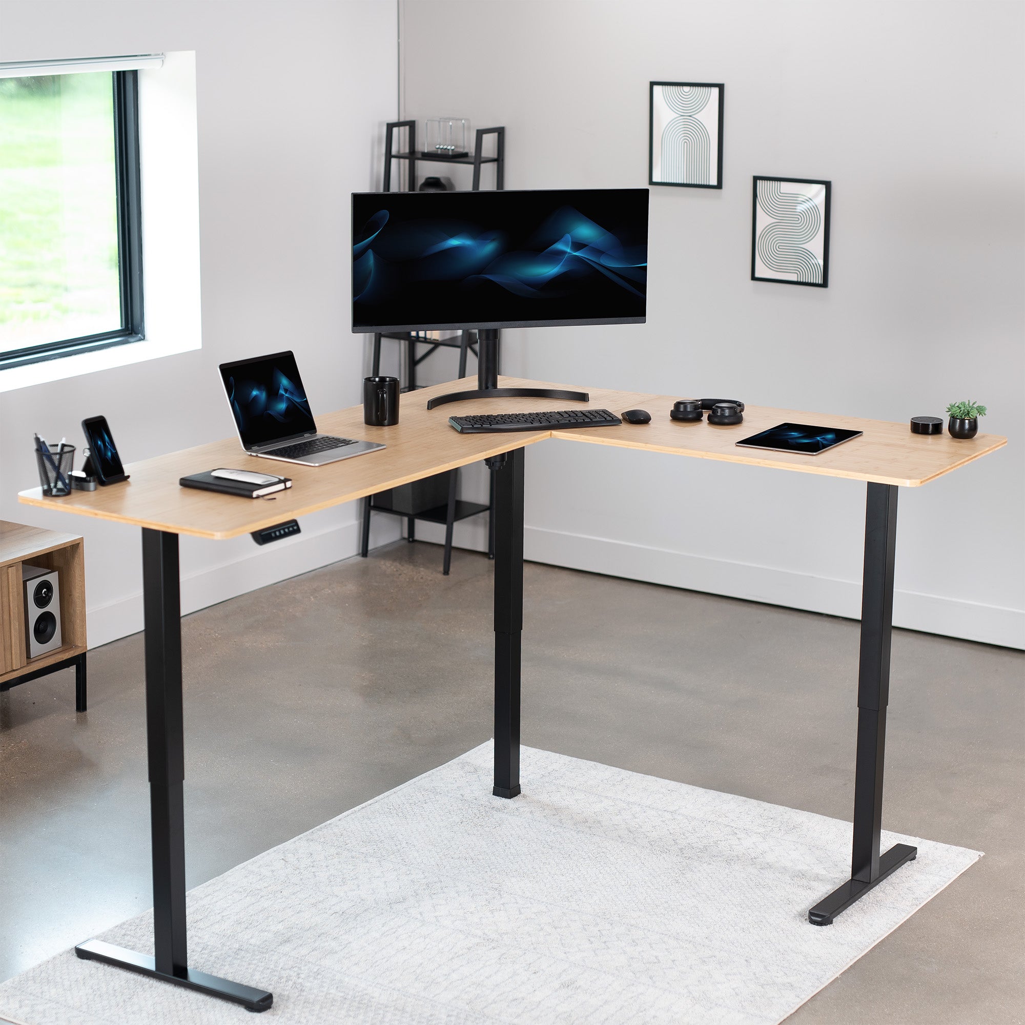 Electric heavy-duty real bamboo corner desk workstation for modern office workspaces.