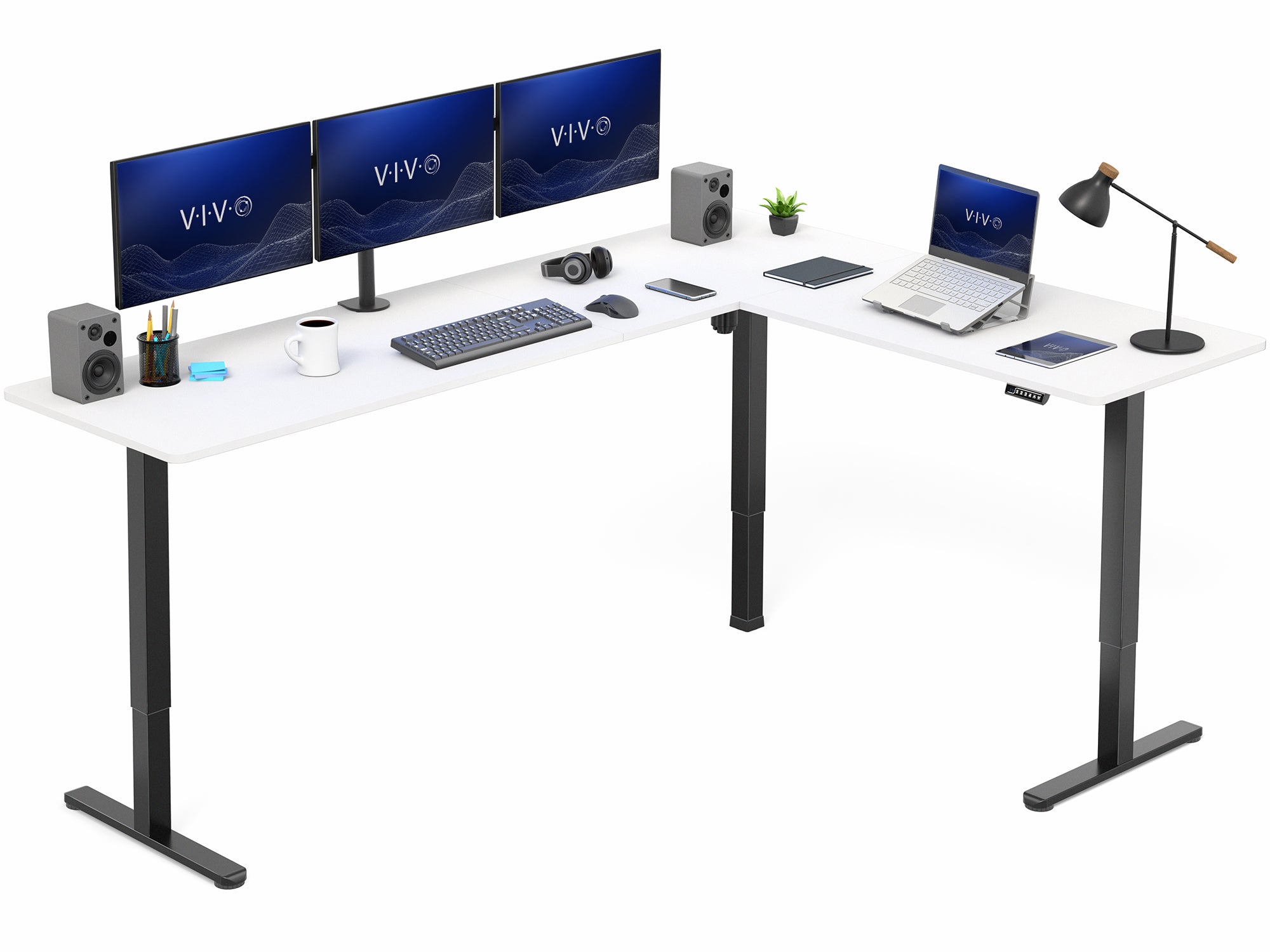 White L-shaped desk with computer setup including monitors, keyboard, and laptop on a white background