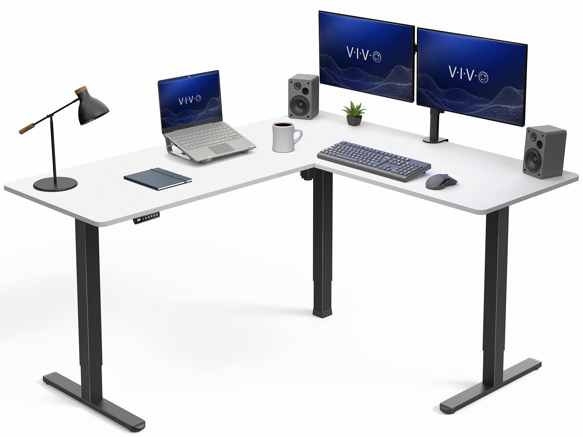 White L-shaped desk with computer setup including monitors, laptop, keyboard, and speakers on a white background.