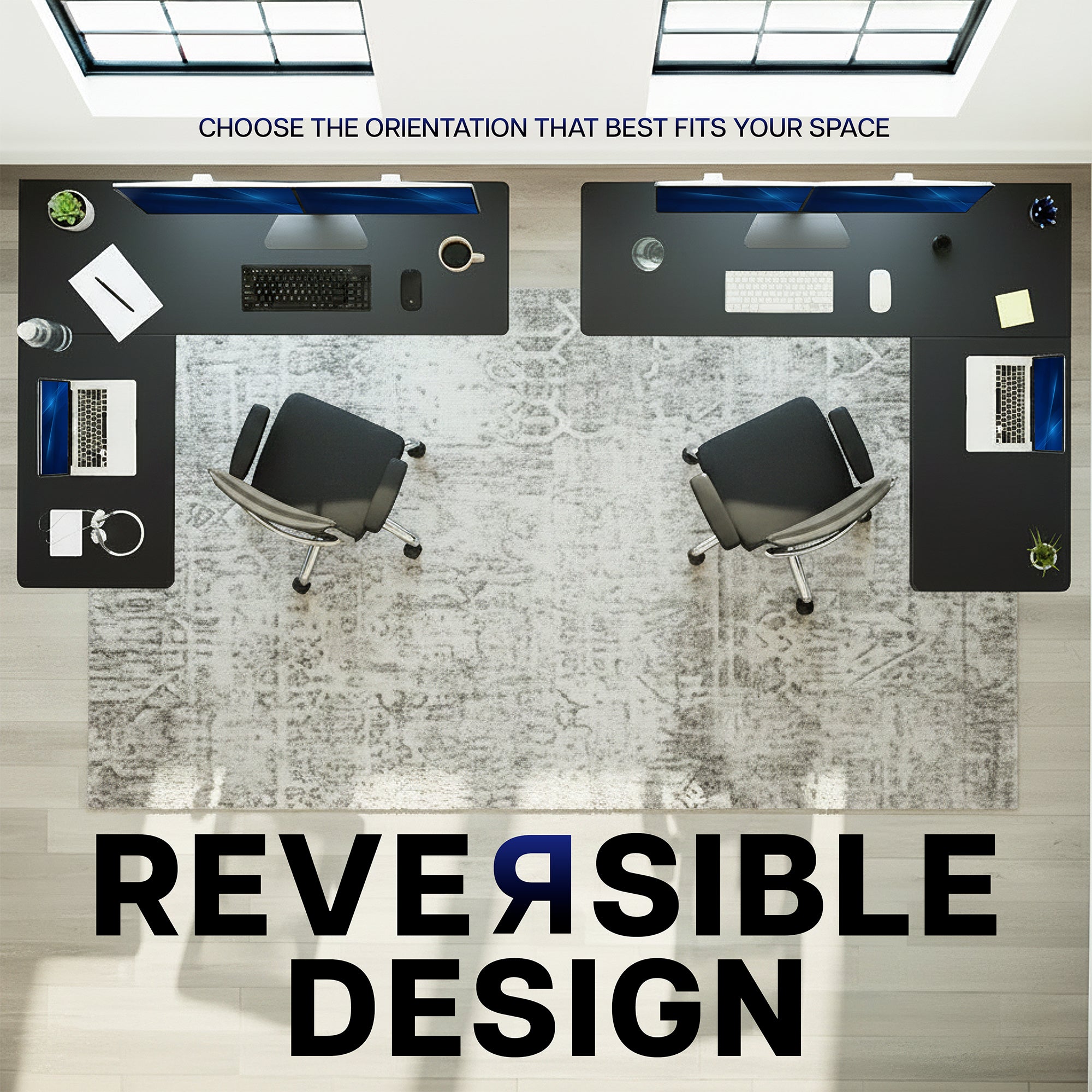 Two office desks with reversible design feature on a light wood floor.
