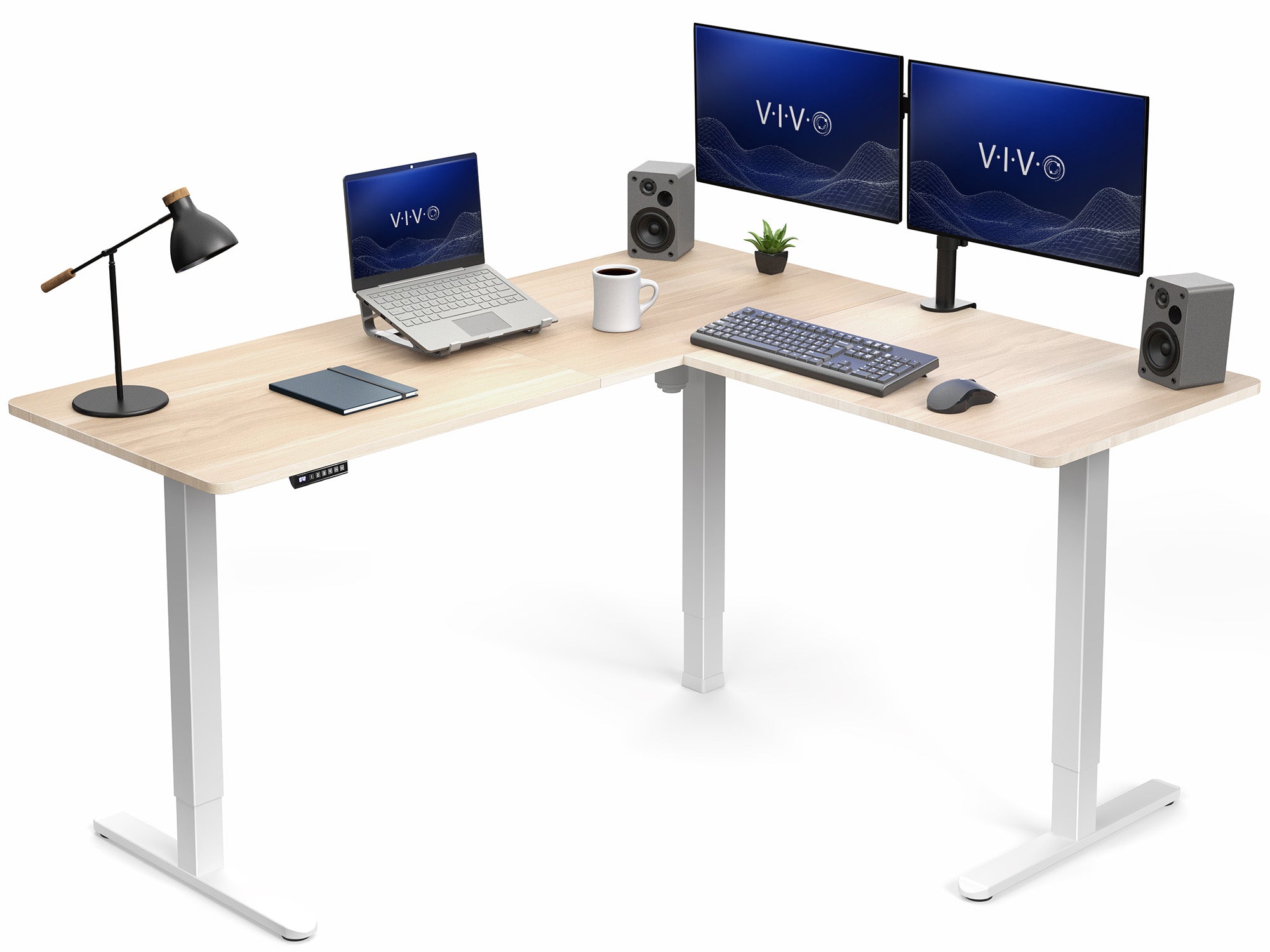 Modern office desk setup with computer equipment on a white background