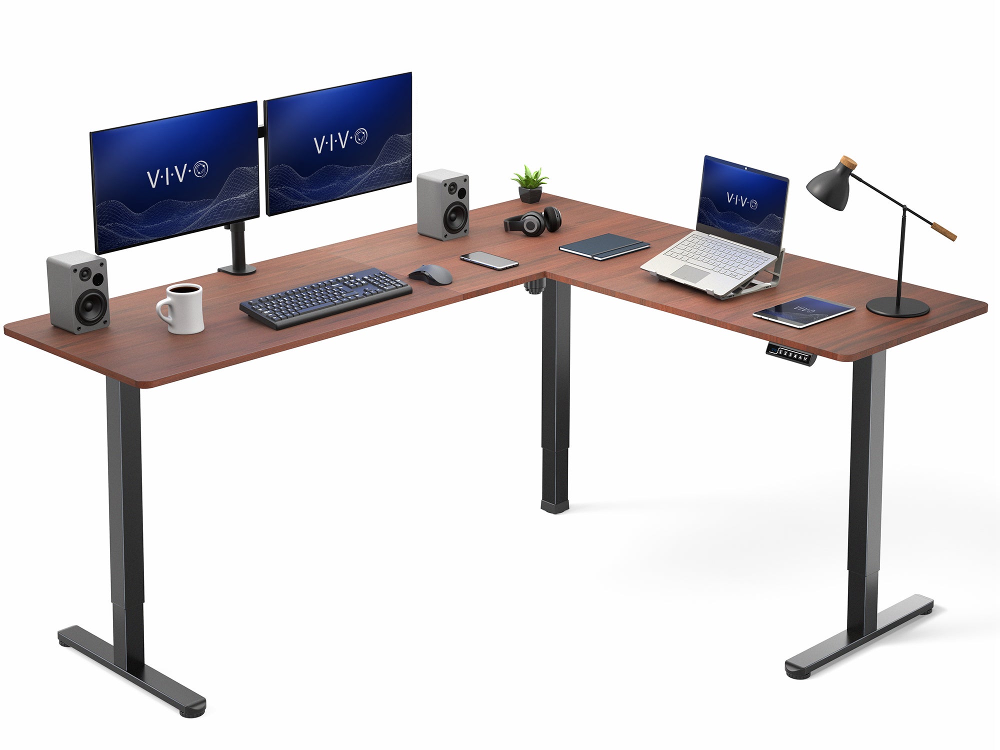 Walnut L-shaped desk with computer setup on a white background