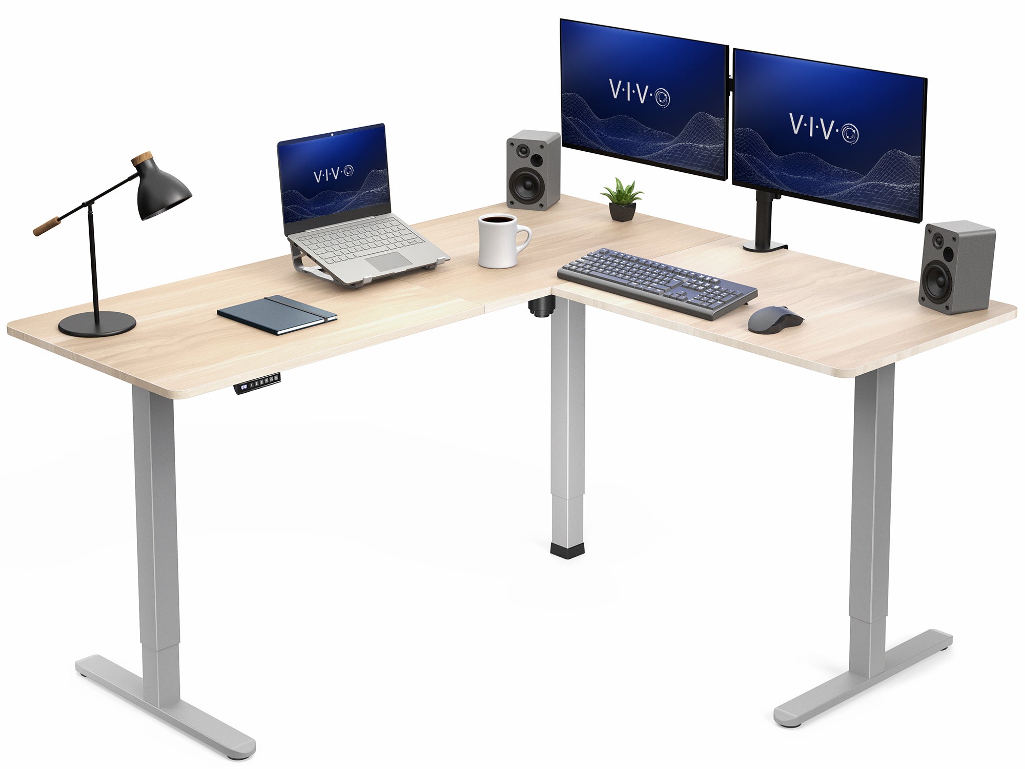 L-shaped desk setup with computer equipment on a white background