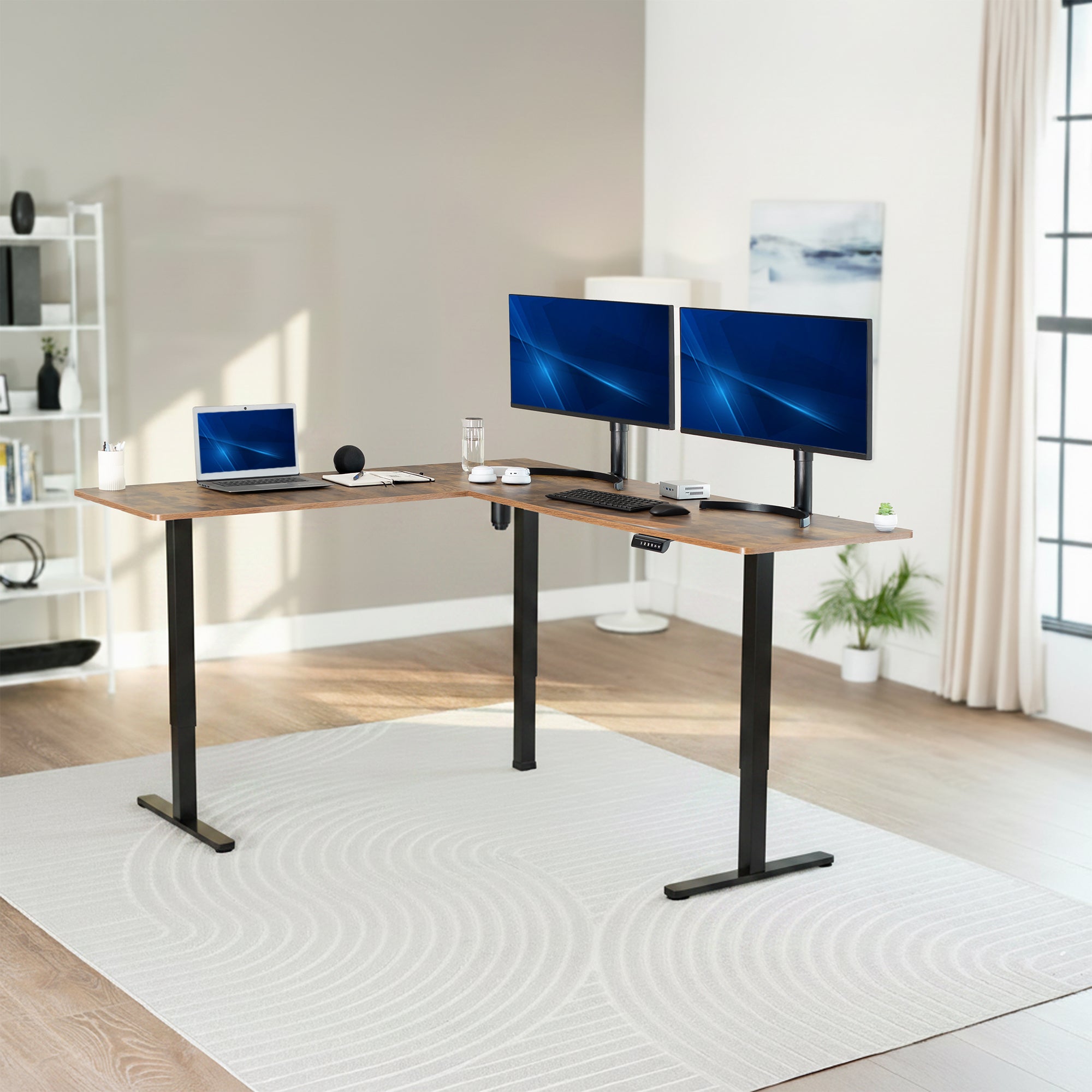 Modern office setup with a vintage brown L-shaped desk, two monitors, and a laptop.