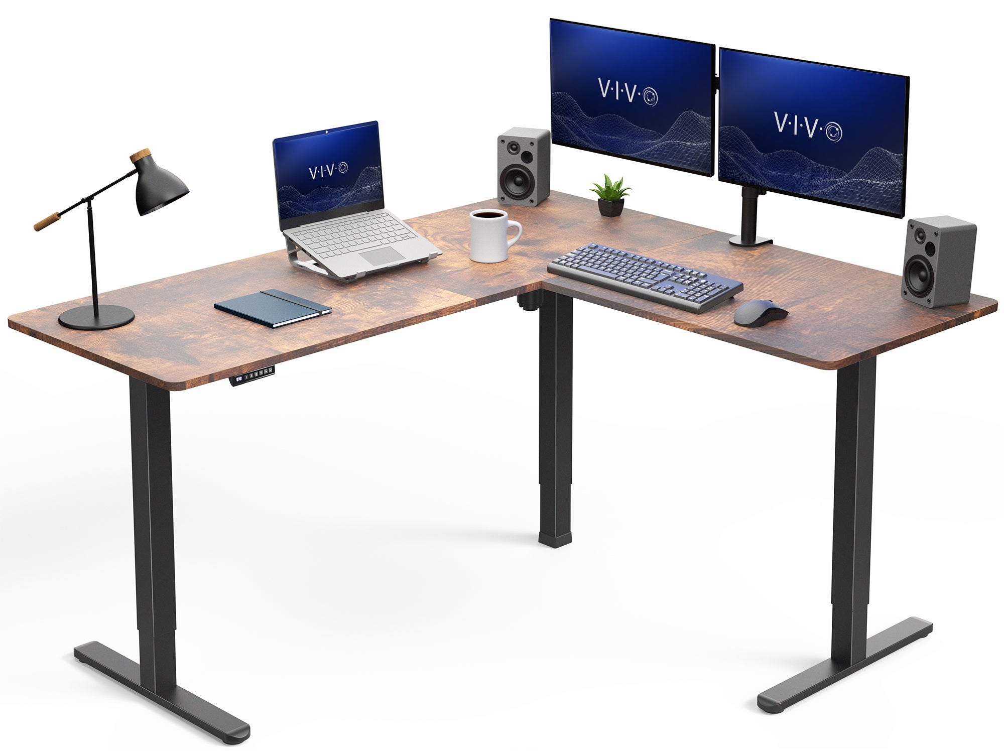 L-shaped desk with computer setup including monitors, laptop, and office items on a white background